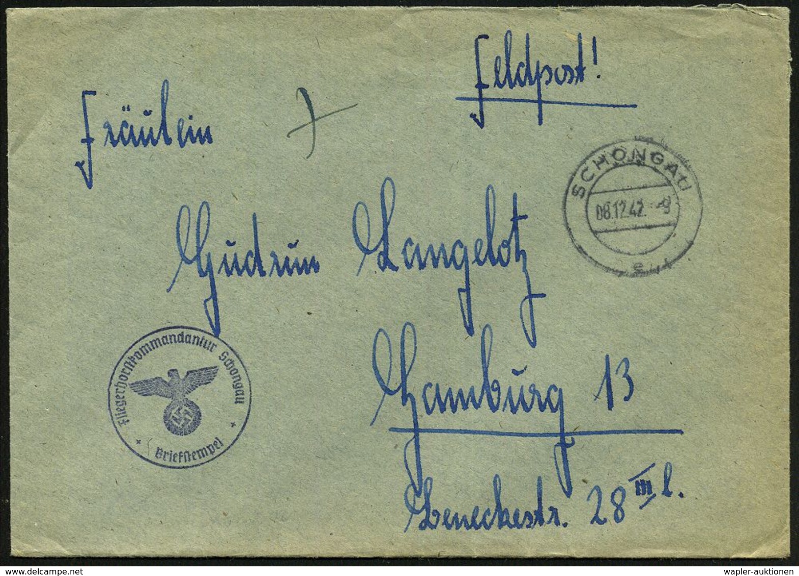 SCHONGAU/ E 1942 (8.12.) 2K-Steg + Blauer 1K-HdN: Fliegerhorstkommandantur Schongau + Rs. Hs. Abs., Feldpost-Bf. + Inhal - Vliegtuigen