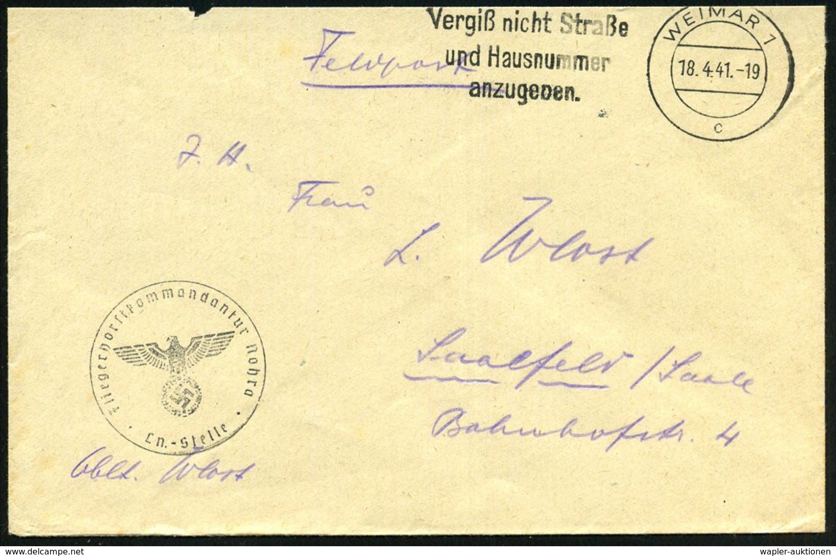 Weimar-Nohra 1941 (18.4.) MWSt: WEIMAR 1/c/Vergiß Nicht Straße/u.Hausnummer/anzugeben. (Bo.S 70 A) + Schw. 1K-HdN: Flieg - Avions