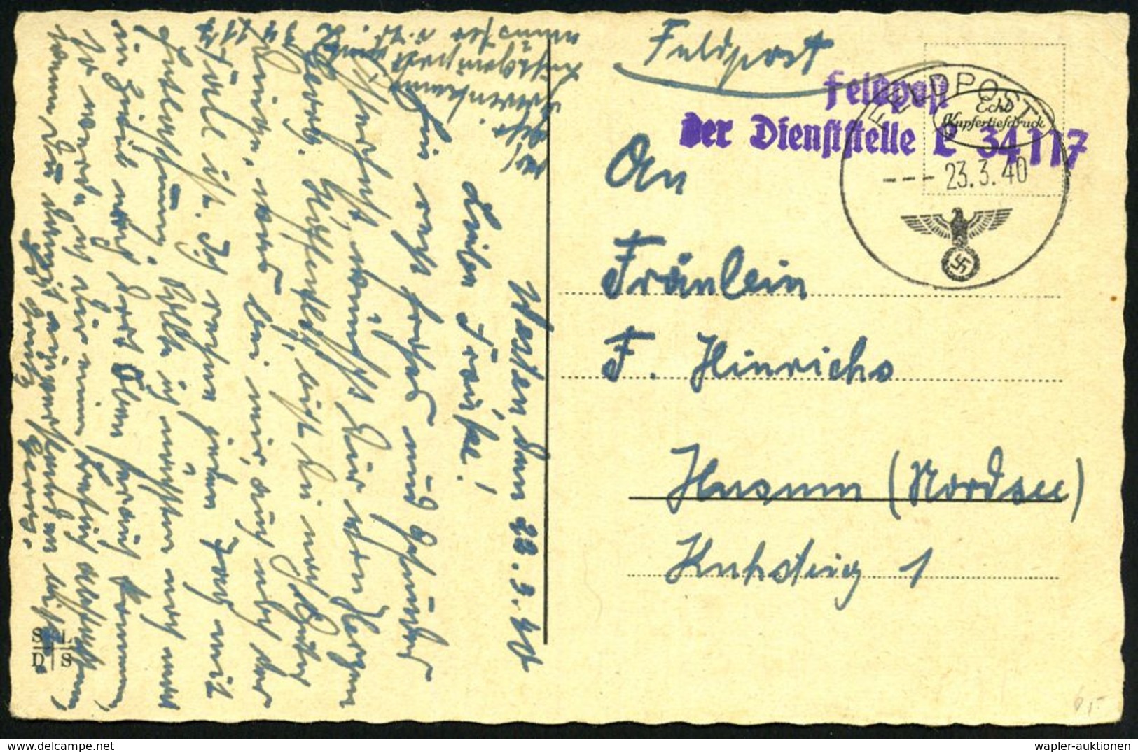 DEUTSCHES REICH 1940/41 Je 1K: FELDPOST/b/--- + 2 Verschiedene HdN: Feldpost/.. Dienststelle L 34 117 Bzw. Feldpostnr. L - Avions