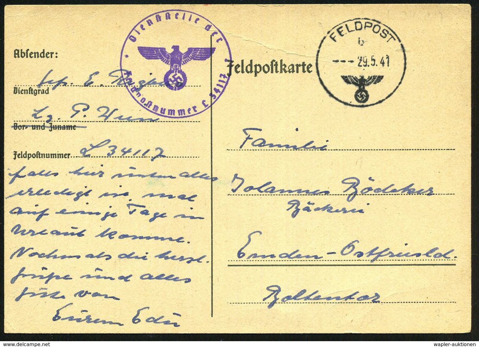 DEUTSCHES REICH 1940/41 Je 1K: FELDPOST/b/--- + 2 Verschiedene HdN: Feldpost/.. Dienststelle L 34 117 Bzw. Feldpostnr. L - Vliegtuigen