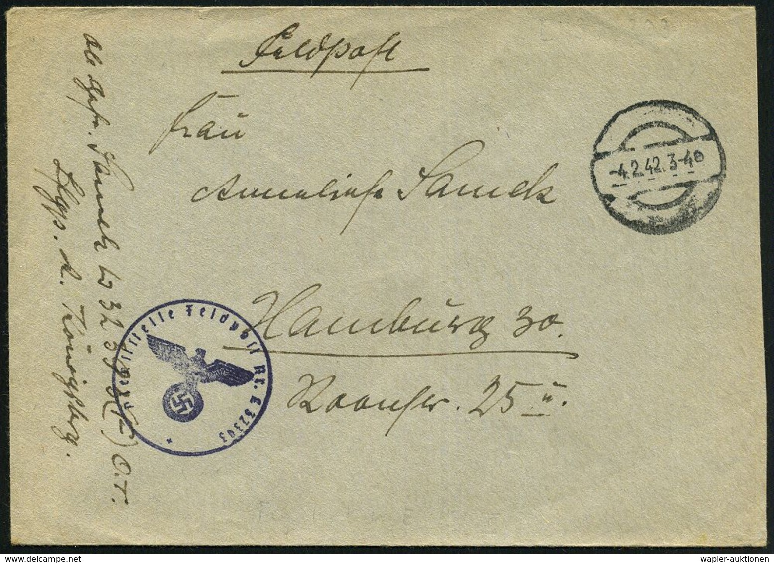 DEUTSCHER REICH 1942 (4.2.) Stummer 1K-Steg = Tarnstempel + Blauer 1K-HdN: ..Feldpost Nr. L 32 303 = Fliegerhorst Kdtr.  - Vliegtuigen