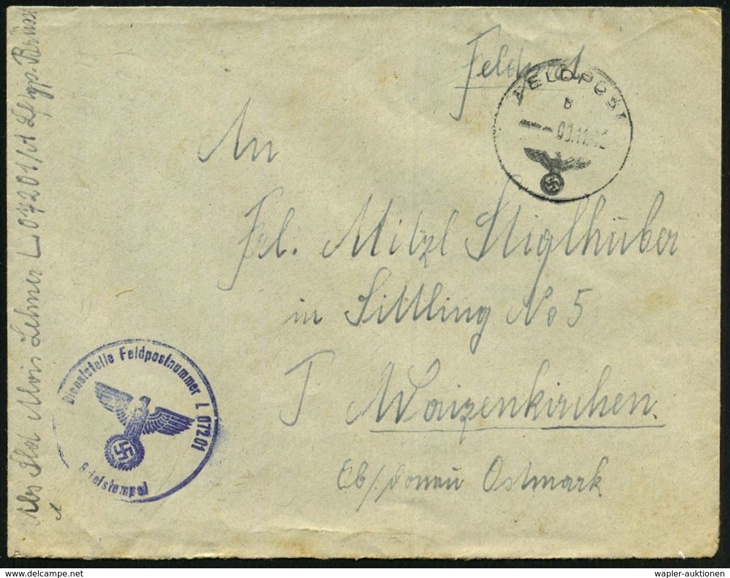 DT.BES.BELGIEN 1942 (9.11.) 1K: FELDPOST/b/--- + Blauer 1K-HdN: .. Feldpostnummer L 07201 = Fliegerhorst Kdtr. (E) 2/I , - Vliegtuigen