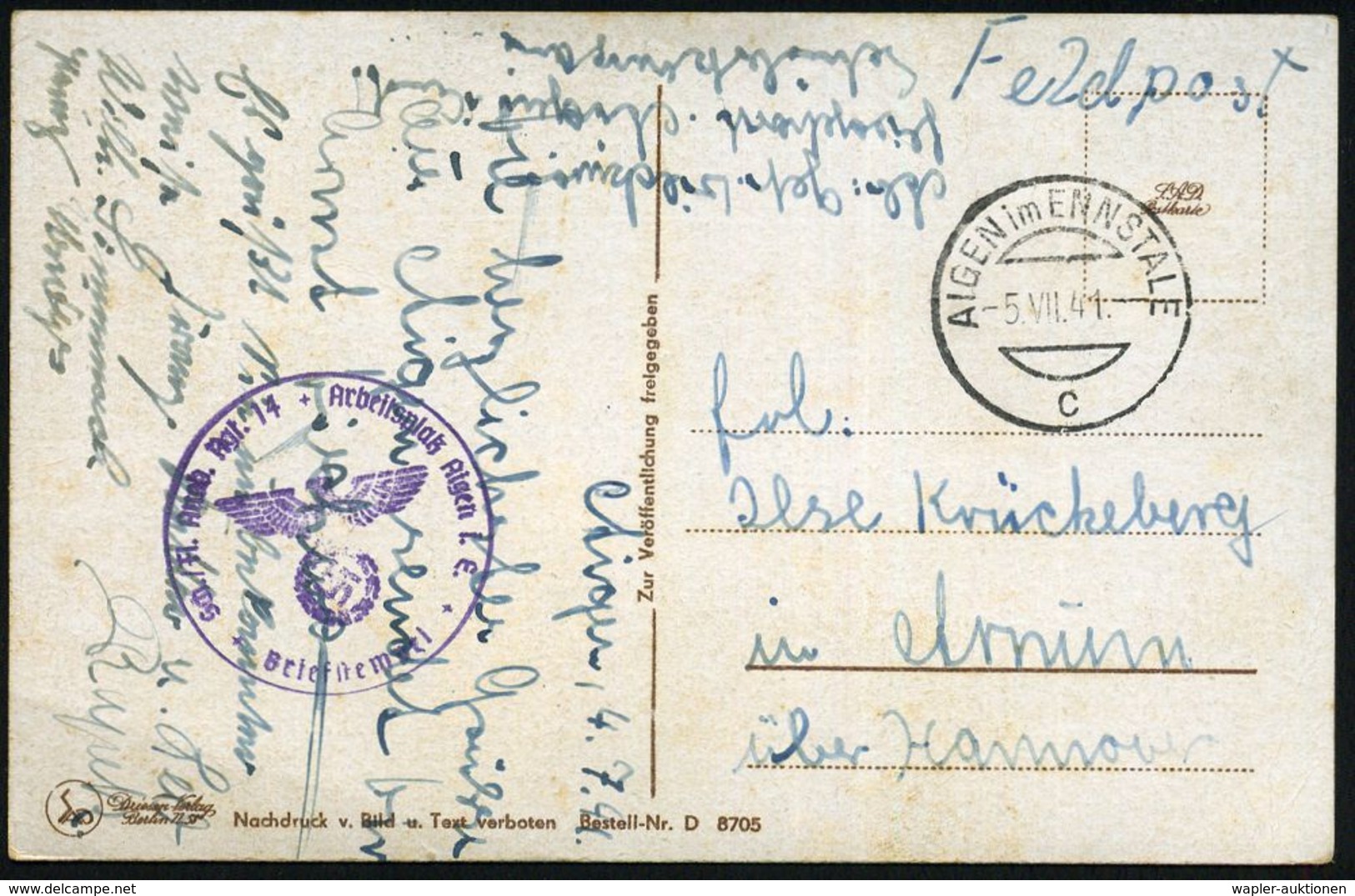 AIGEN Im ENNSTAL/ C 1941 (5.VII.) Apt. 1K = Ehem., österr. Stempel + Viol. 1K-HdN: Schw./ Fl.(ieger) Ausb.(bildungs) Rgt - Vliegtuigen