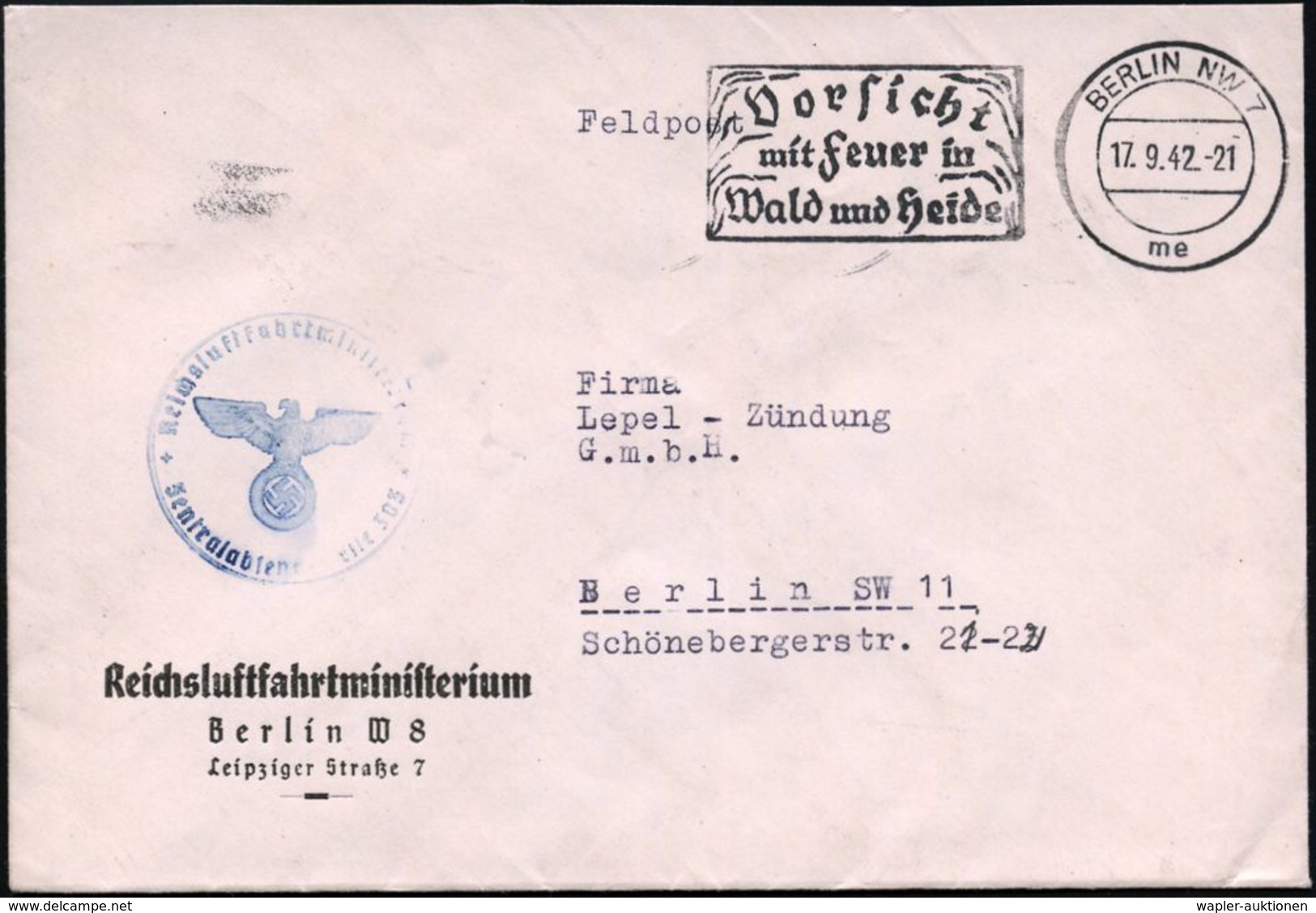 Berlin W 8 1942 (17.9.) Vordr.-Bf.: Reichsluftfahrtministerium.. + Bl. 1K-HdN: Reichsluftfahrtministerium/ Zentralabsend - Vliegtuigen