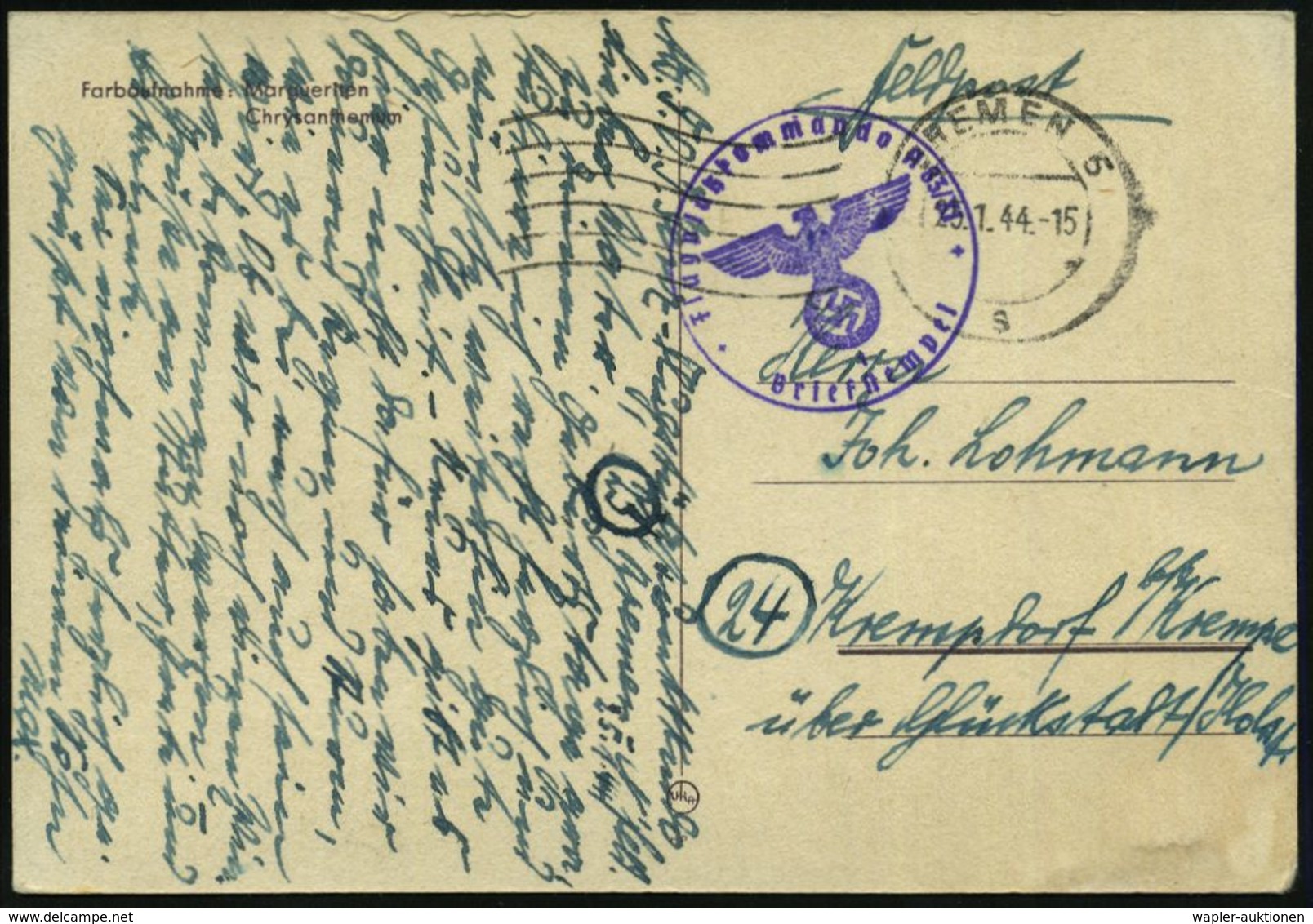 BREMEN 5/ S 1944 (25.1.) MaWellenSt. + Viol. 1K-HdN: Flugplatzkommando A 83-XI + Hs. Abs., Klar Gest. Feldpost-Kt. N. Kr - Aerei