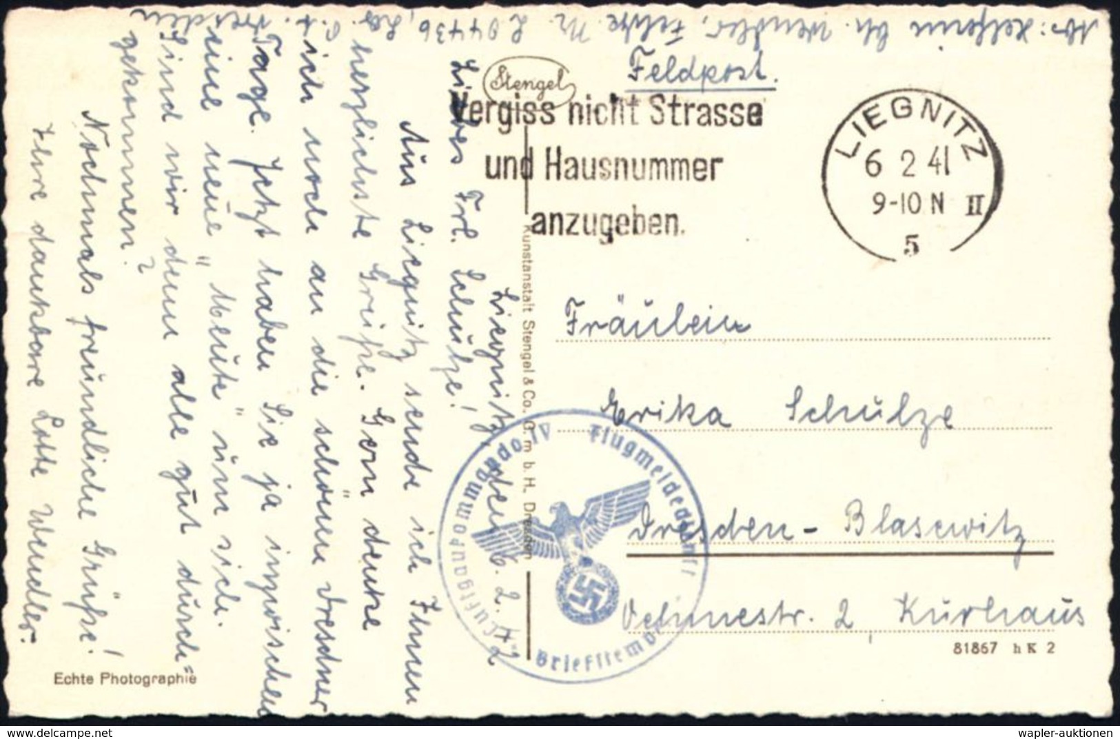 LIEGNITZ/ II/ 5/ Vergiss Nicht Strasse/ U.Hausnummer.. 1941 (6.2.) MWSt + Bl. 1K-HdN: Luftgaukommando IV Flug-meldediens - Aerei