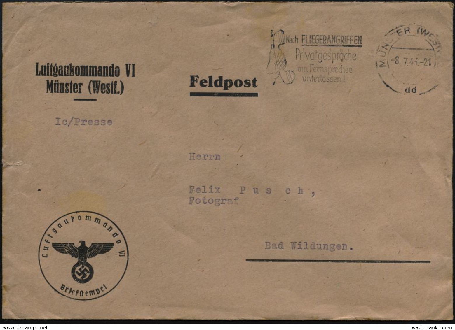 MÜNSTER (WESTF) 2/ Dd/ Nach FLIEGERANGRIFFEN/ Privatgespräche/ Am Fernsprecher/ Unterlassen! 1944 (8.7.) MWSt (Hand Mit  - Aerei