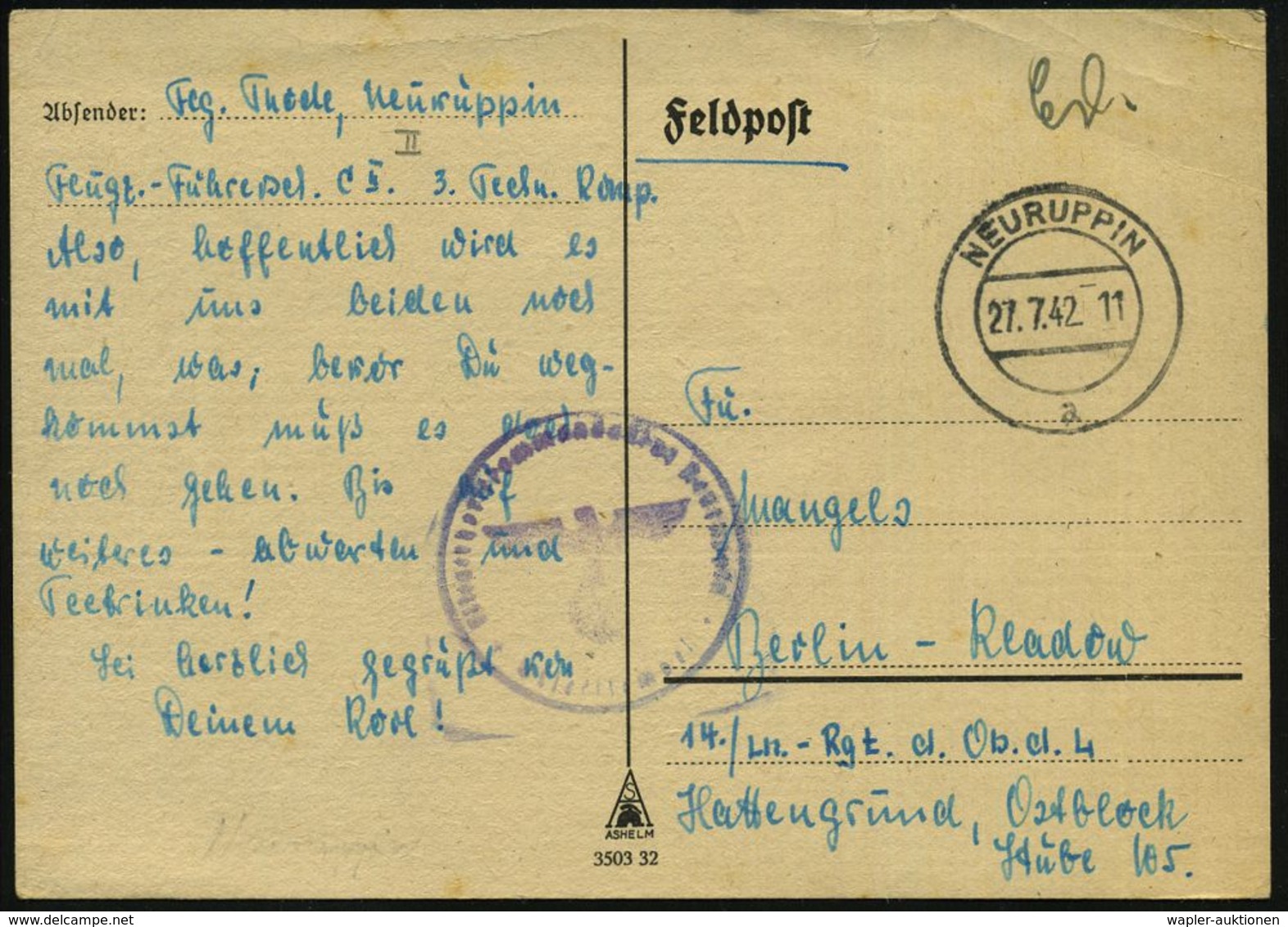 NEURUPPIN/ A 1942 (27.7.) 2K-Steg + Viol. 1K-HdN: Fliegerhorstkommandantur Neuruppin + Hs. Abs.: ".. Flugz. Führer C 5 3 - Vliegtuigen