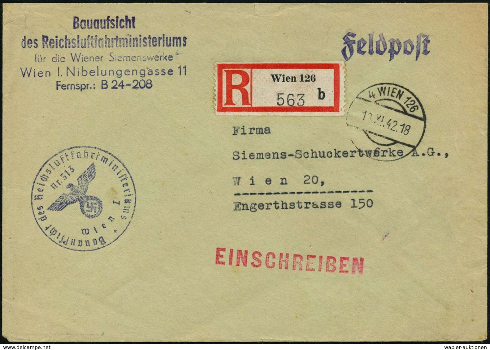 4 WIEN 126/ F 1942 (10.11.) Ehem., österr. 1K-Steg + RZ: Wien 126/b + Bl. 1K-HdN: Bauaufsicht Des Reichsluftfahrtministe - Vliegtuigen