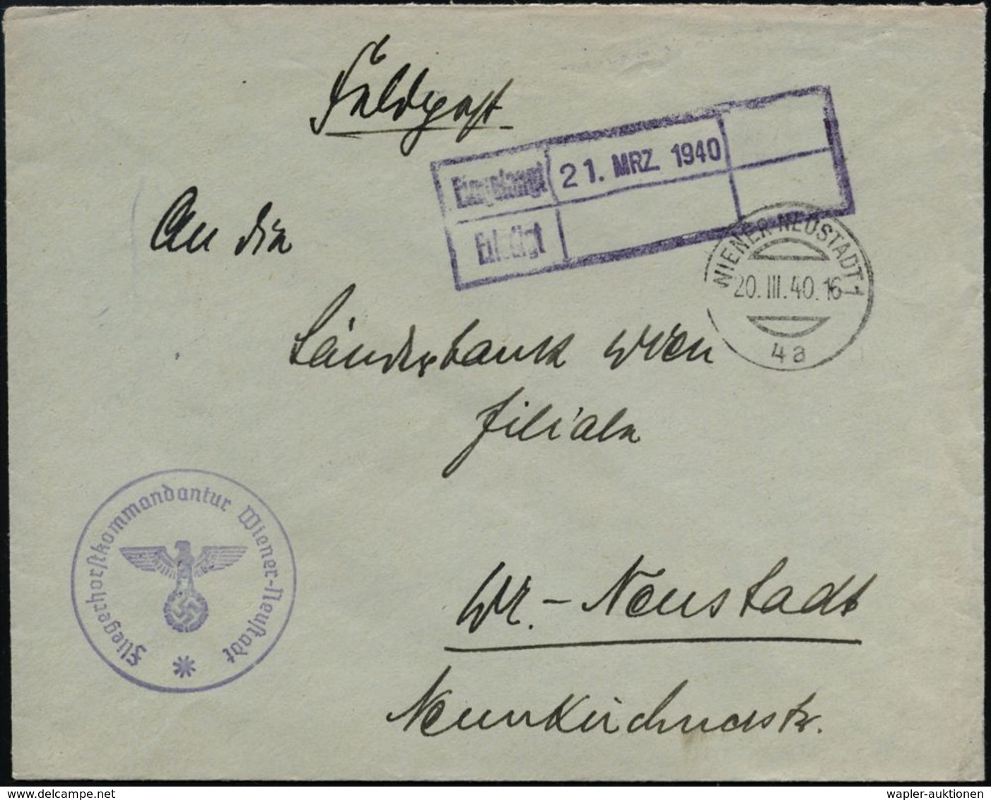 WIENER NEUSTADT 1/ 4a 1940 (6.6.) Ehem., österr. 1K + Viol. 1K-HdN: Fliegerhorstkommandantur Wiener-Neustadt/* , Rs. Hs. - Aerei