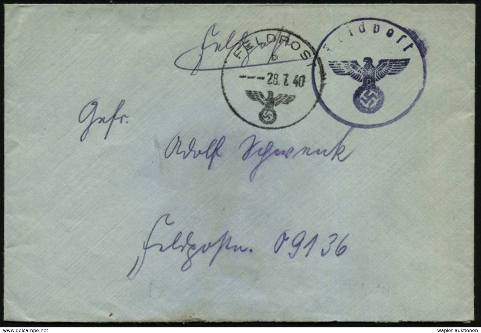 DEUTSCHES REICH 1940 (28.7.) 1K: FELDPOST/b/-- + Schw.-blauer 1K-HdN: Feldpost + Rs. Hs. Abs.: "L 14 994 Luftgaupostamt  - Vliegtuigen