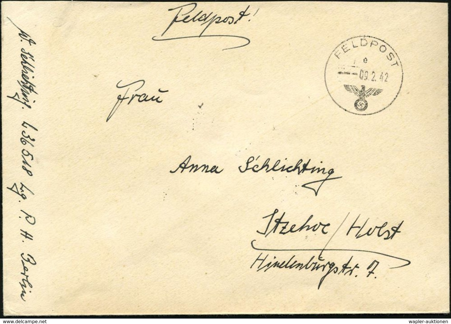 DEUTSCHES REICH 1942 (9.2.) 1K: FELDPOST/e/--- + Hs. Abs.: "L 36 518" LGPA Berlin = 1. Komp. Jagdgeschwader 5 , Klar Ges - Vliegtuigen