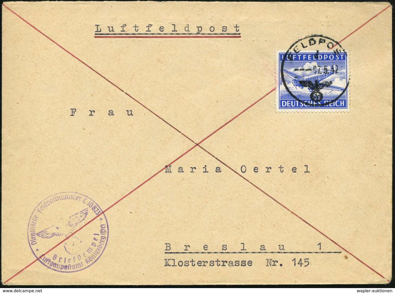 DEUTSCHES REICH 1942 (7.5.) 1K: FELDPOST/d/--- Auf Gez. Luftfeldpost-Marke, EF (Ju 52), 1K: FELDPOST/d/--- + Viol. 1K-Hd - Vliegtuigen