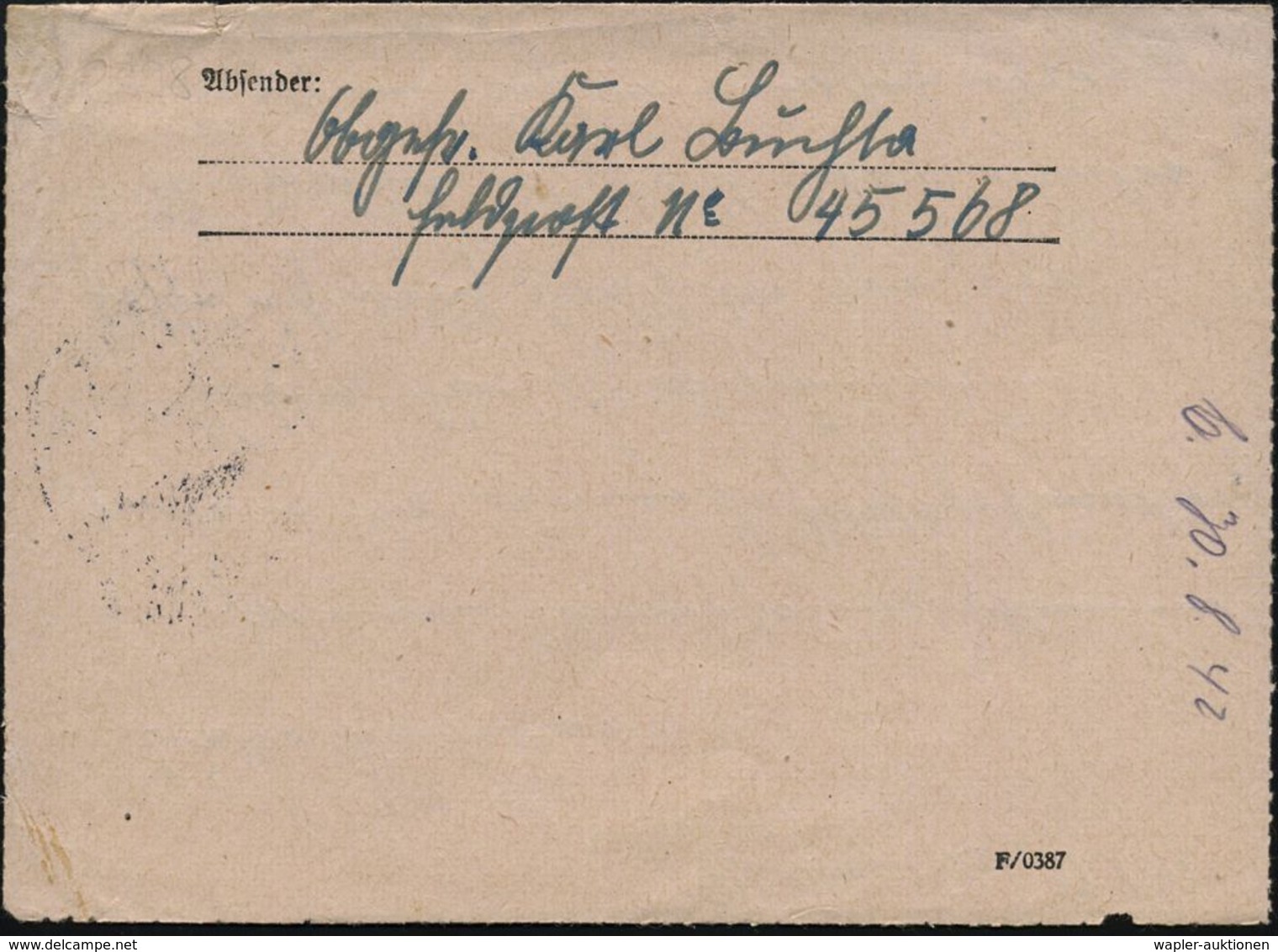 DEUTSCHES REICH 1942 (21.8.) 1K: FELDPOST/f/--- Auf EF Gez. Luftfeldpostmarke (Ju 52), Rs. Hs. Abs.: "Feldpost Nr.45 568 - Aerei