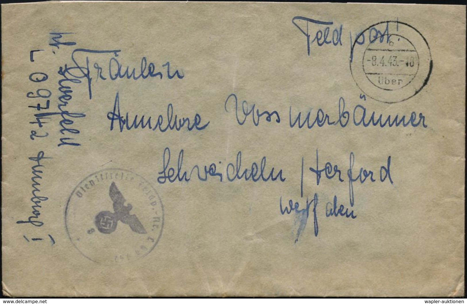 DEUTSCHES REICH 1943 (8.4.) Stummer 2K-Steg: "b/über" = Tarnstempel, Seltene Form + Viol. 1K-HdN: Fp. Nr. L 09742 = 4. S - Aviones