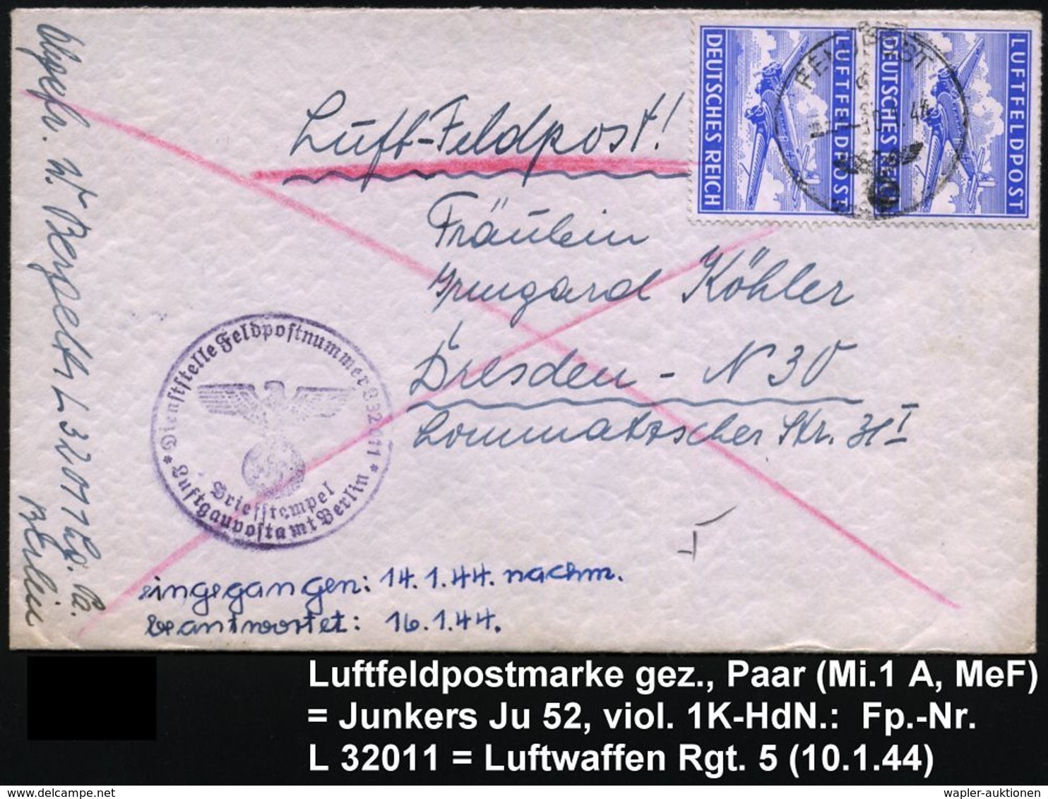 DEUTSCHES REICH 1944 (10.1.) Gez. Luftfeldpost-Marke Ju 52, Reine MeF = Paar, 1K: FELDPOST + Viol. 1K-HdN: ..Feldpost-nu - Flugzeuge