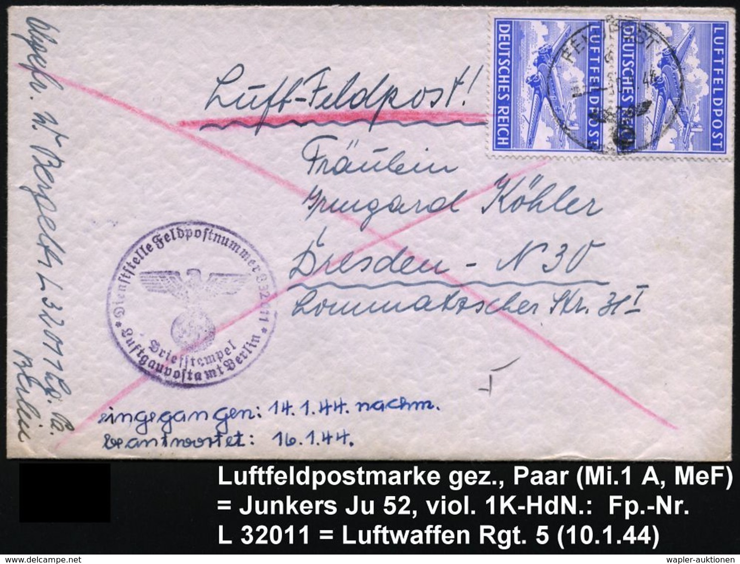 DEUTSCHES REICH 1944 (10.1.) Gez. Luftfeldpost-Marke Ju 52, Reine MeF = Paar, 1K: FELDPOST + Viol. 1K-HdN: ..Feldpost-nu - Vliegtuigen