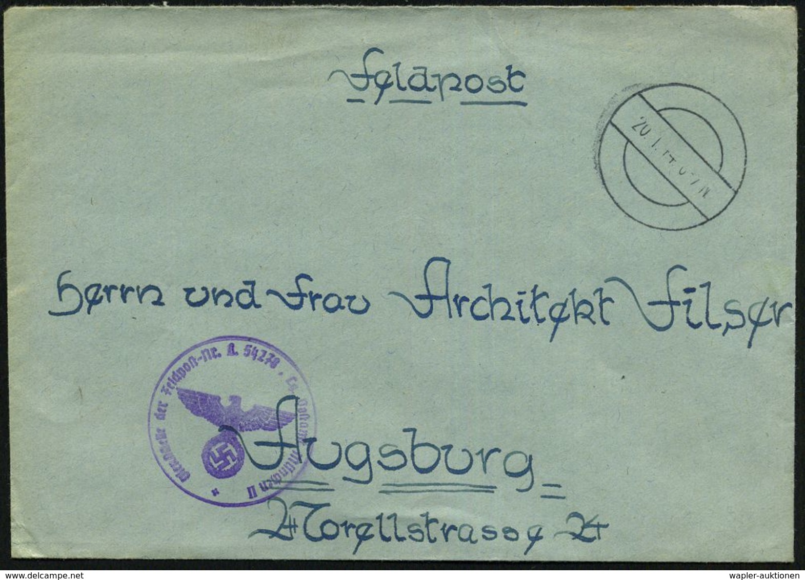 DEUTSCHES REICH 1944 (20.1.) Stummer 1K-Steg = Tarnstempel + Viol. 1K-HdN: Feldpost-Nr. L 54278 Lg. Postamt München II = - Aerei