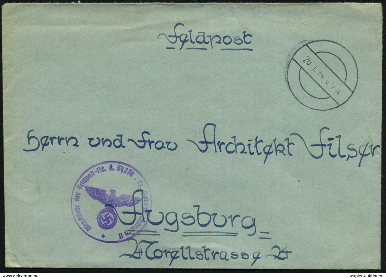 DEUTSCHES REICH 1944 (20.1.) Stummer 1K-Steg = Tarnstempel + Viol. 1K-HdN: Feldpost-Nr. L 54278 Lg. Postamt München II = - Vliegtuigen