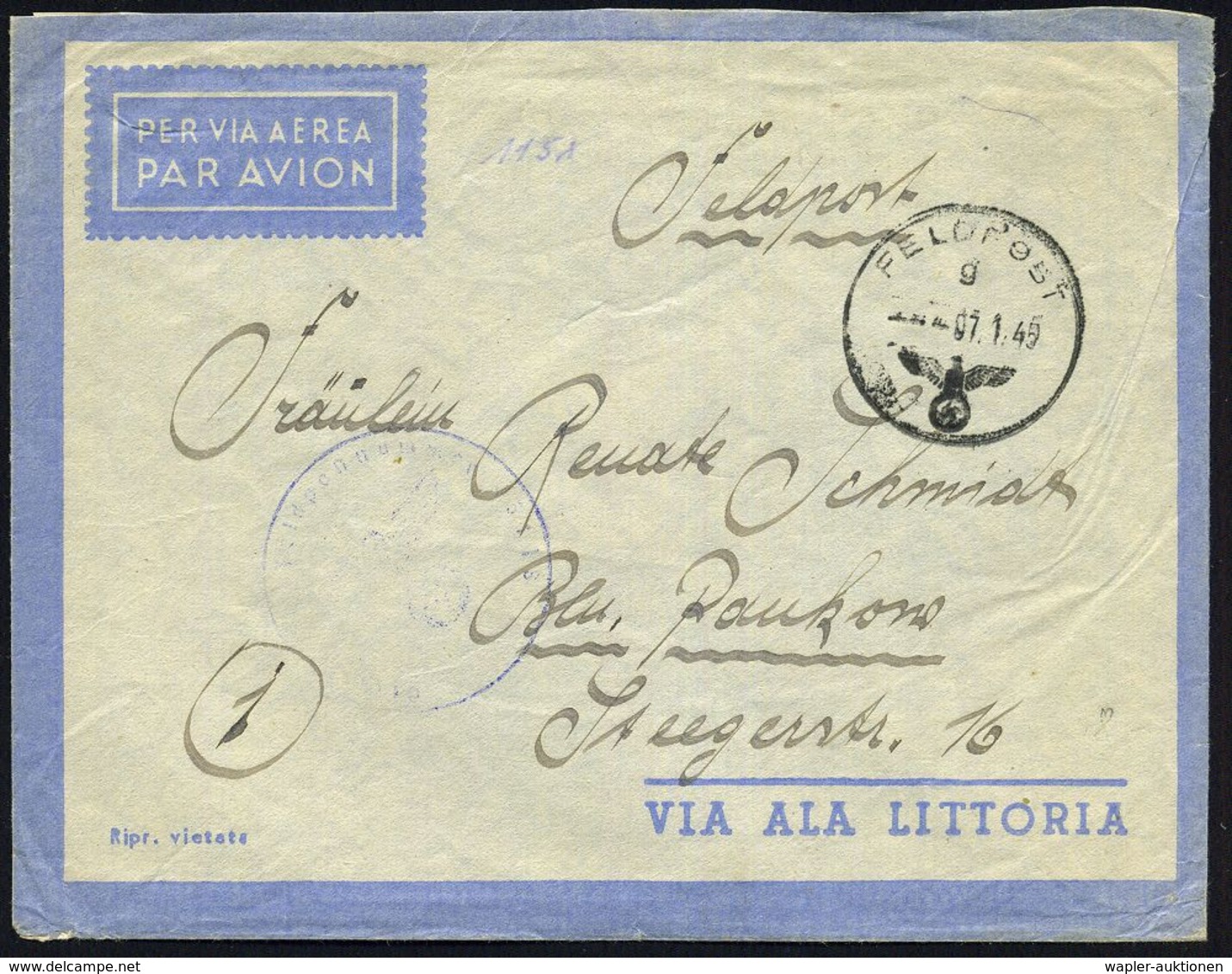 DEUTSCHES REICH 1945 (7.1.) 1K: FELDPOST/g/--- + Viol. 1K-HdN: Feldpostnr. 43118 = Feld-Lazarett 3 (teils Undeutl.) + Rs - Avions