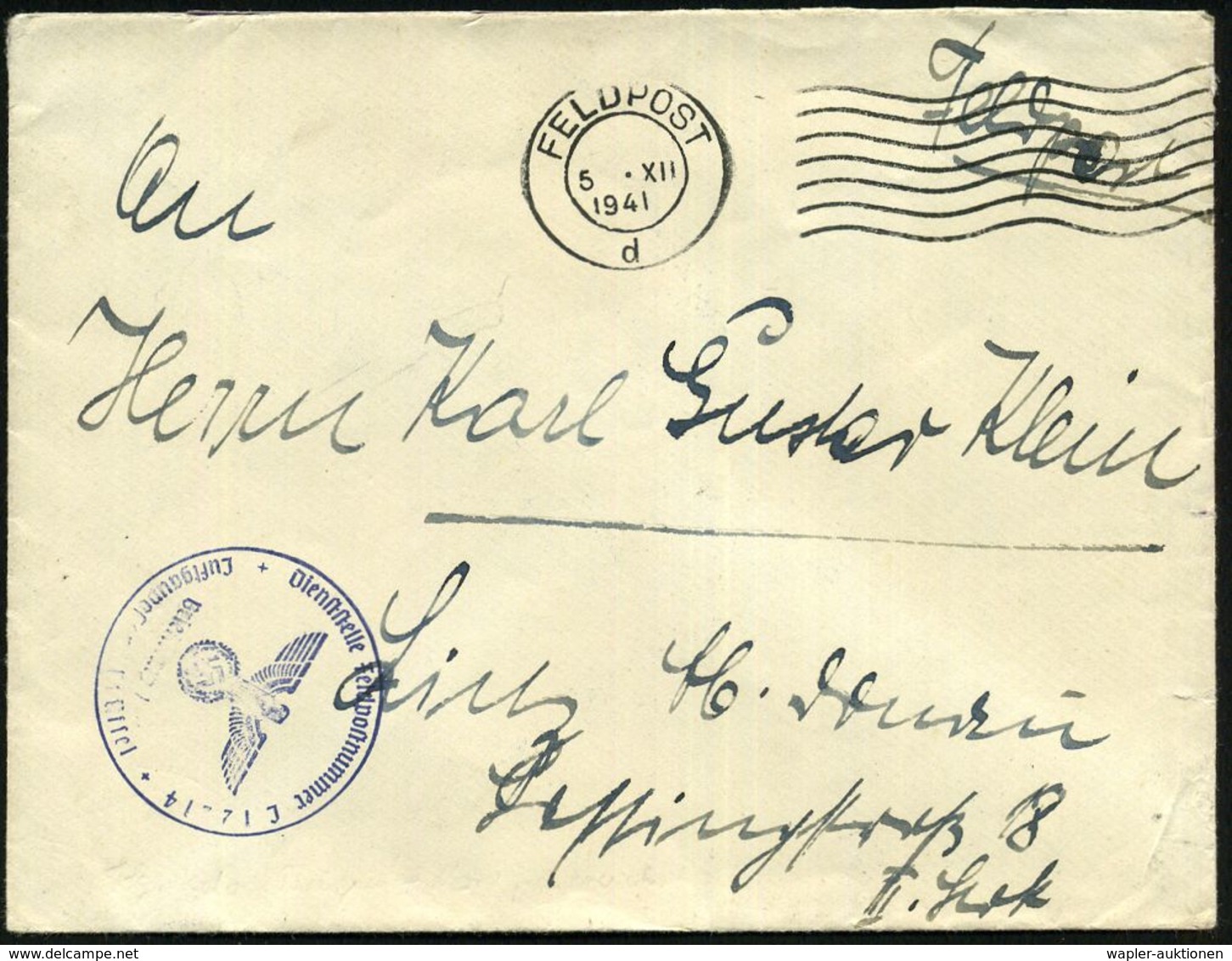 DT.BES.BELGIEN 1941 (5.12.) MaWellenSt.: FELDPOST/d = Brüssel (Mi.9) + Viol. 1K-HdN: Feldpostnr. L 12214/ Luftgaupostamt - Avions