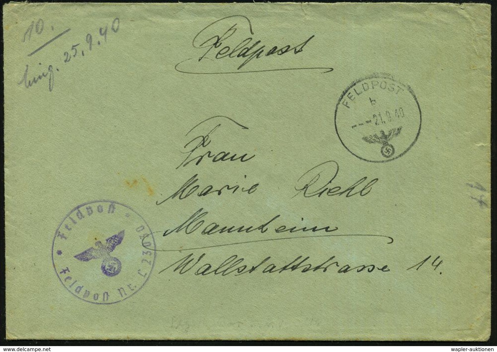 DT.BES.FRANKREICH 1940 (21.9.) 1K: FELDPOST/b/--- + Viol. 1K-HdN: Feldpost Nr. L 23 030 = Fliegerhorst Kdtr. Zur Besonde - Vliegtuigen