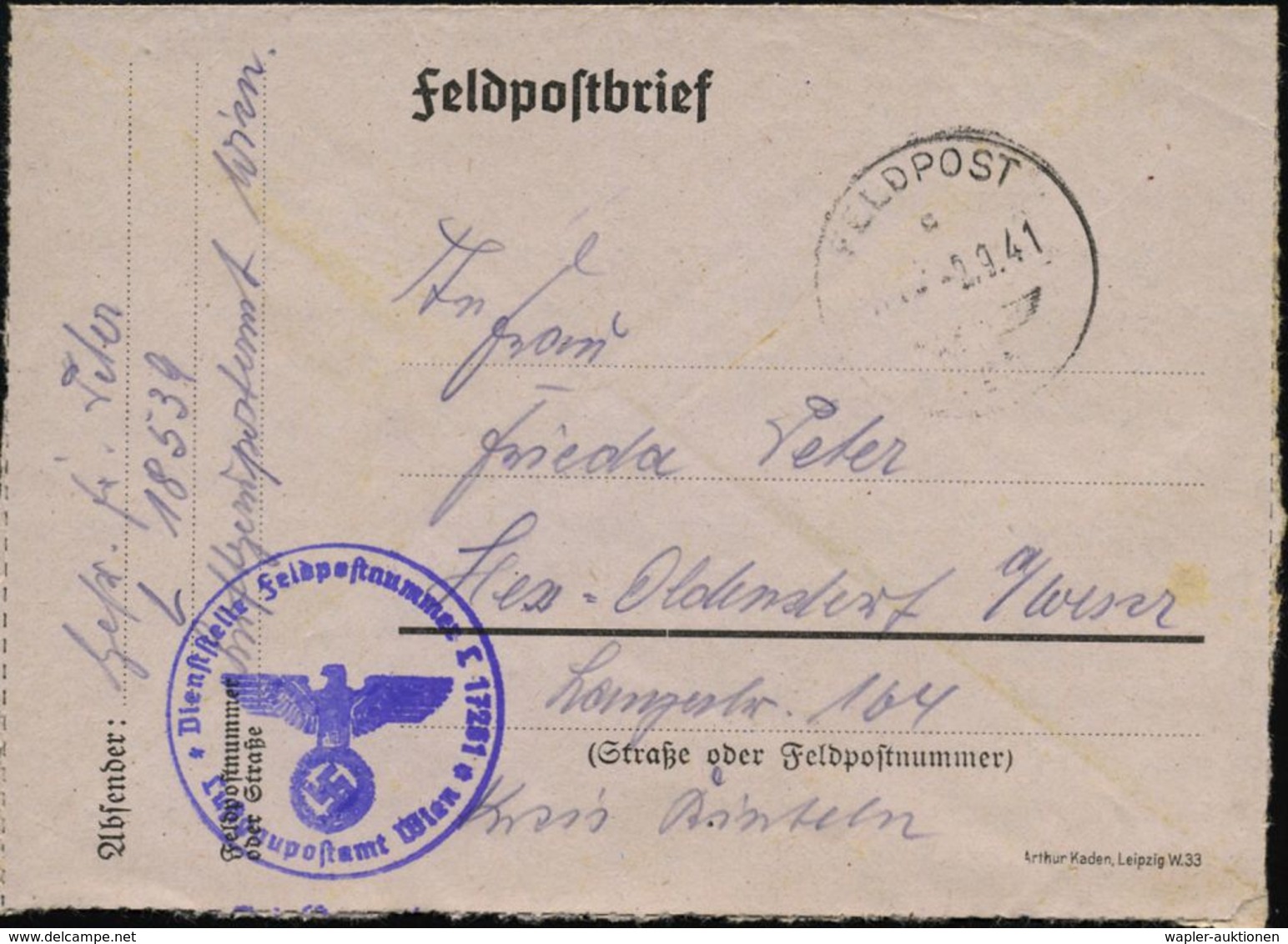 DT.BES.GRIECHENLAND 1941 (2.9.) 1K: FELDPOST/c/--- + Viol. 1K-Hd: Feldpostnr. L 17 261/ Luftgaupostamt Wien = Luftgau-St - Flugzeuge