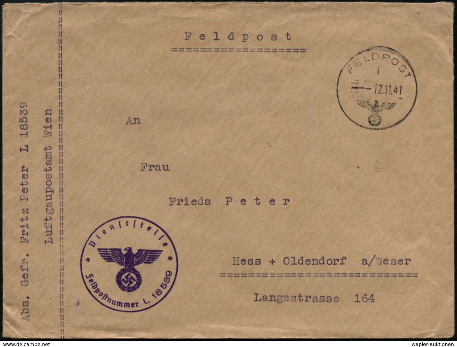 DT.BES.GRIECHENLAND 1941 (12.11.) 1K: FELDPOST/i/--- + Viol. 1K-HdN: Fp. Nr. L 18 539 = Flieger-Nachschub-Abt. Stab Südo - Avions