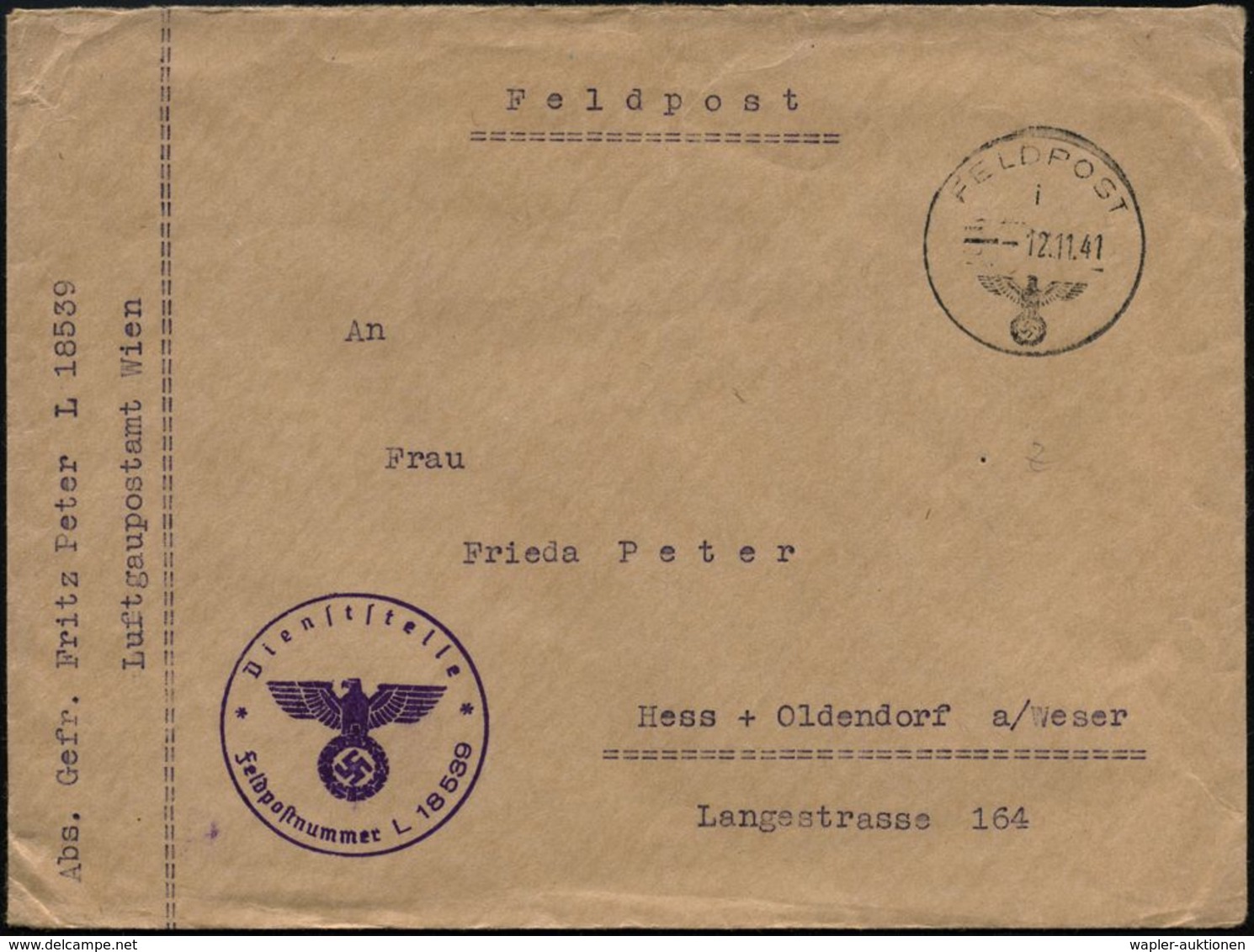 DT.BES.GRIECHENLAND 1941 (12.11.) 1K: FELDPOST/i/--- + Viol. 1K-HdN: Fp. Nr. L 18 539 = Flieger-Nachschub-Abt. Stab Südo - Vliegtuigen