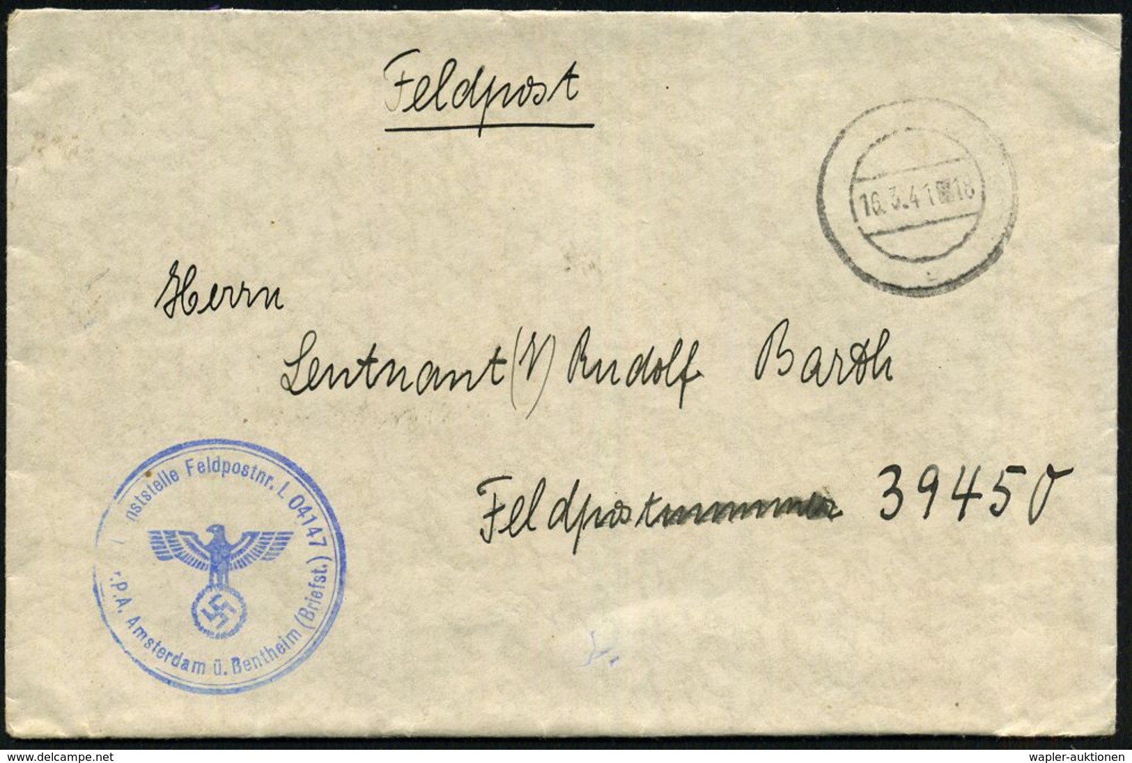 DT.BES.NIEDERLANDE 1941 (16.3.) Stummer 2K-Steg = Tarnstempel + Blauer 2K-HdN: Feldpostnr. L 04147/L.G.P.A. Amsterdam ü. - Vliegtuigen