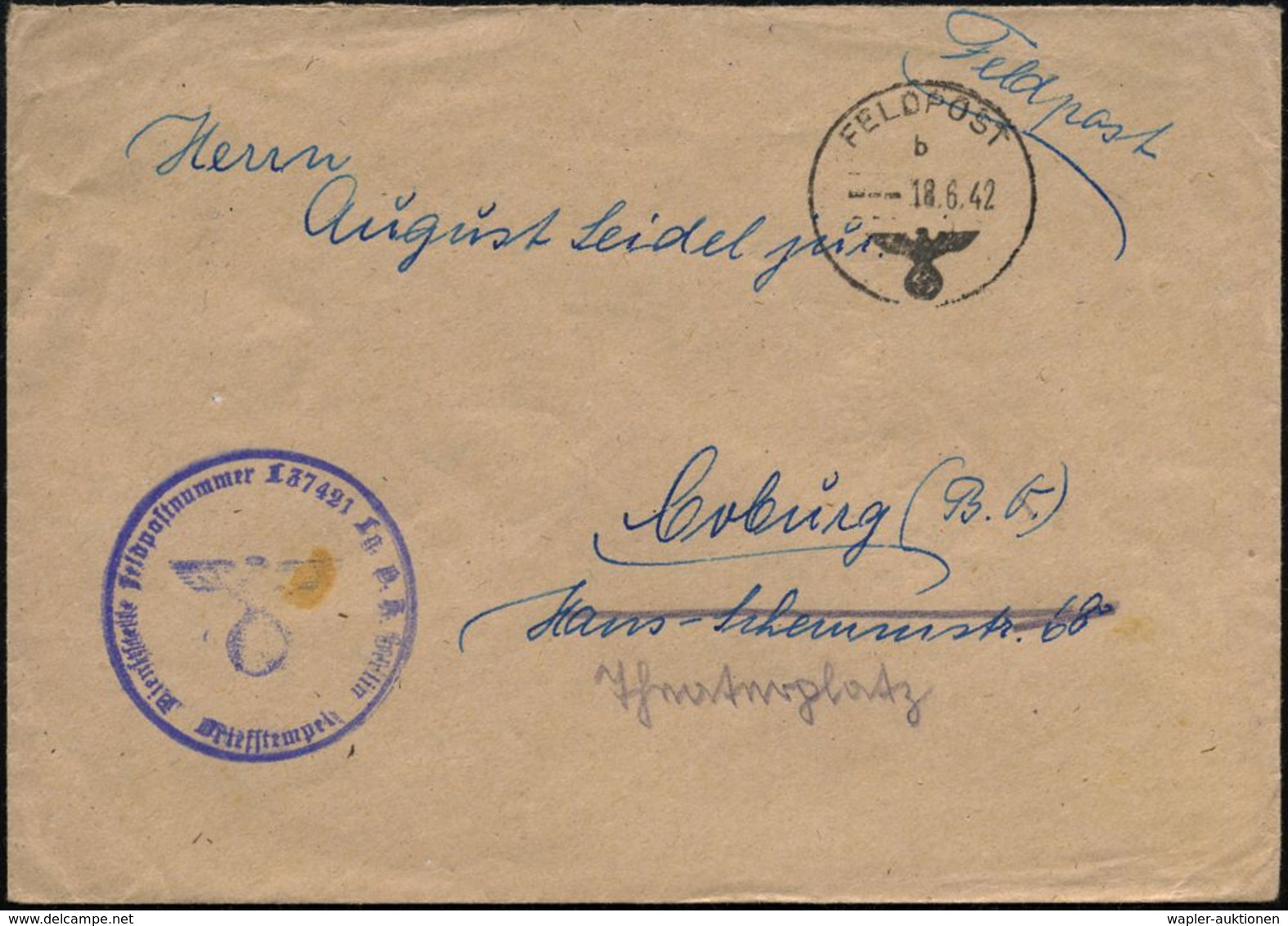 DT.BES.NORWEGEN 1942 (18.6.) 1K: FELDPOST/b/--- + Viol. 1K-HdN: Fp. Nr. L 37421 Lg. P.A. Berlin = Luft-Nachrichten-Rgt.  - Vliegtuigen