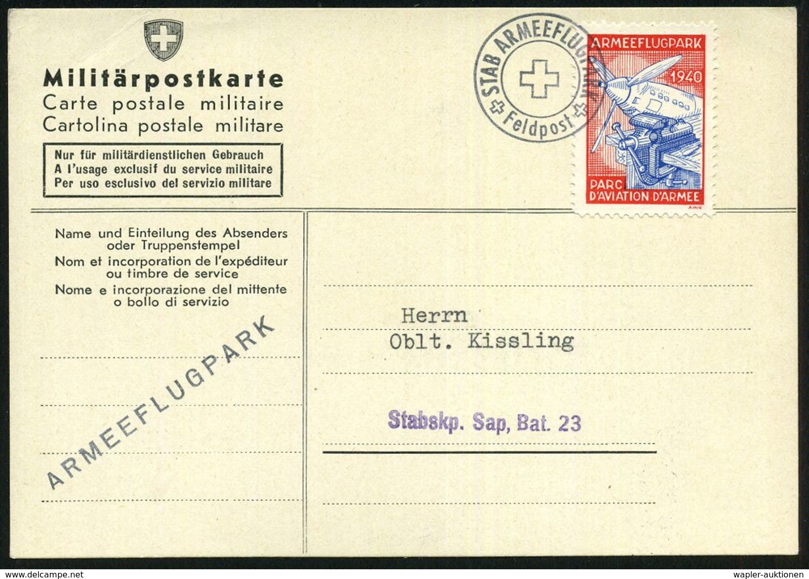 SCHWEIZ 1940 Soldatenmke "Armeeflugpark" (Werkbank, Flugzeug) Feldpost-2K: STAB ARMEEFLUGPARK/Feldpost + 1L: ARMEEFLUGPA - Aerei