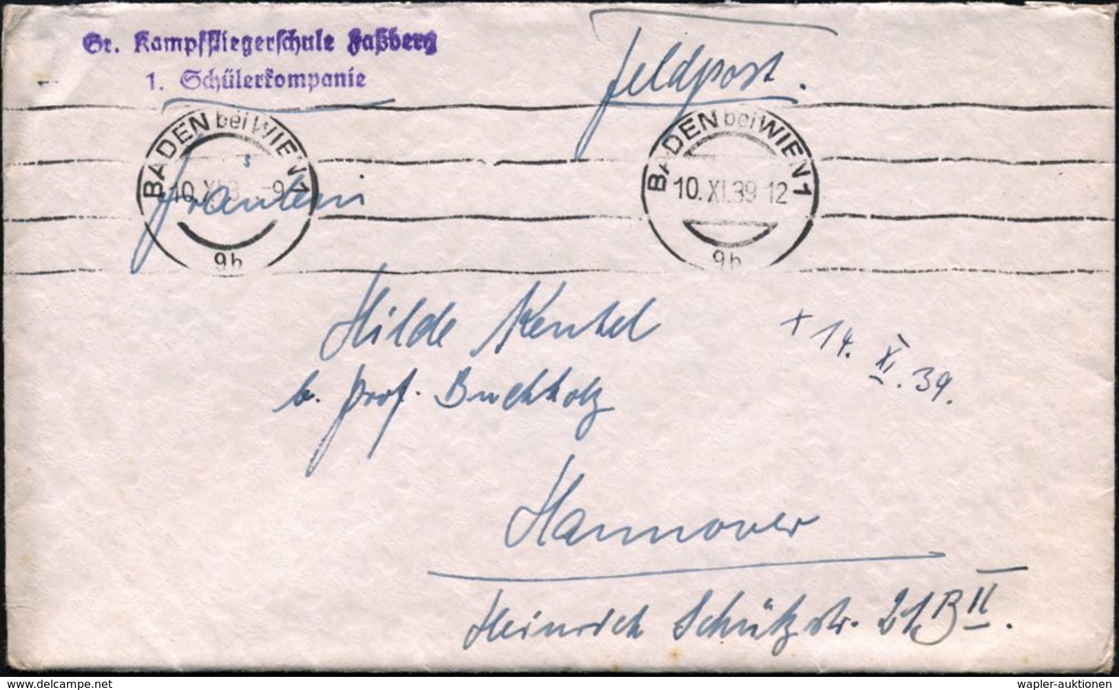 BADEN Bei WIEN 1/ 9b 1939 (10.11.) Aptierter, Ehem. österr. Bd.MaSt (4 Wellen) + Viol. 2L: Gr. Kampffliegerschule Faßber - Vliegtuigen