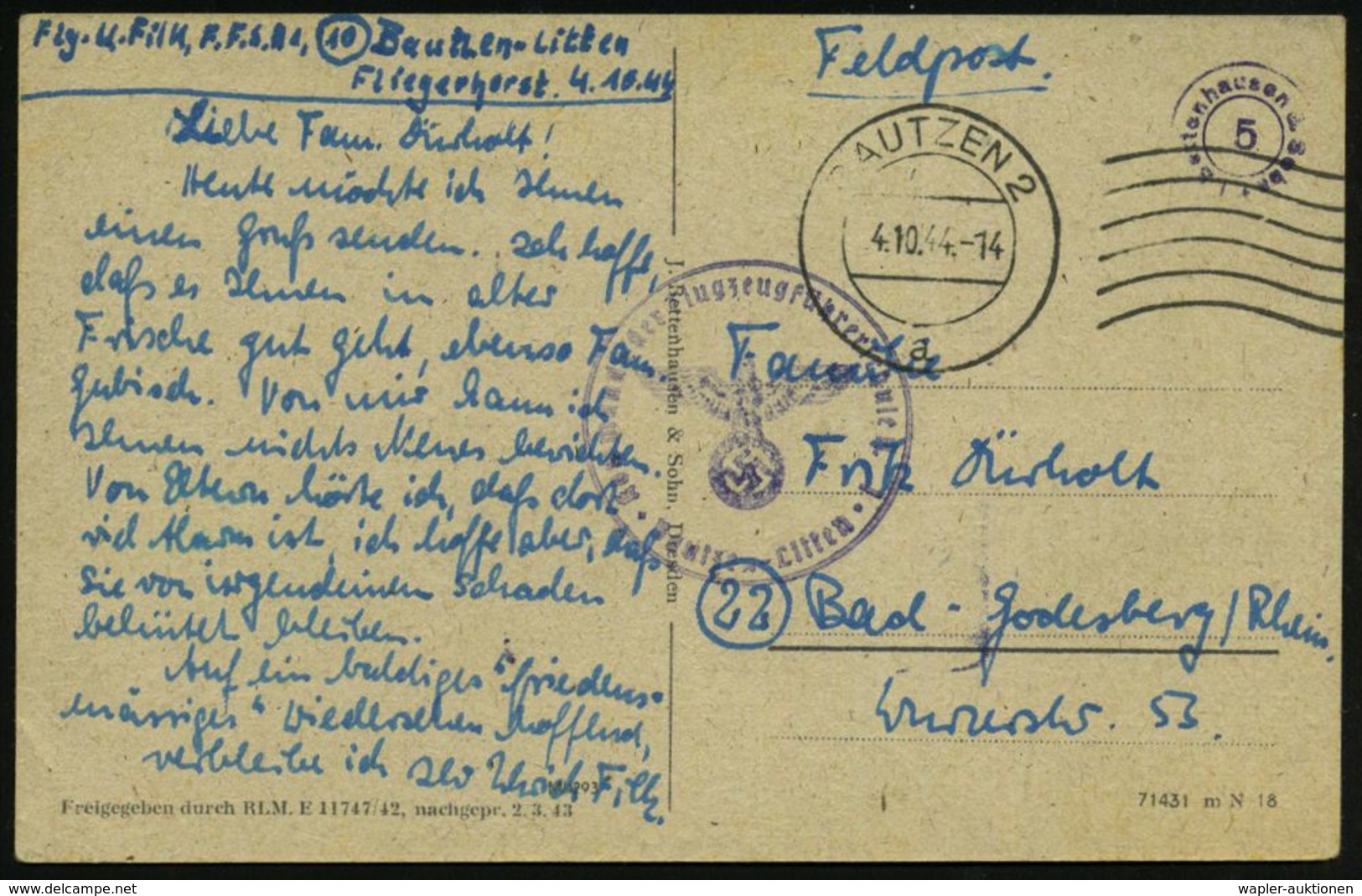 BAUTZEN 2/ A 1944 (4.10.) MaWellenSt. + Viol. 1K-HdN: Kommando Der Flugzeugführerschule/ Bautzen-Litten + Hs. Abs.: "..B - Vliegtuigen