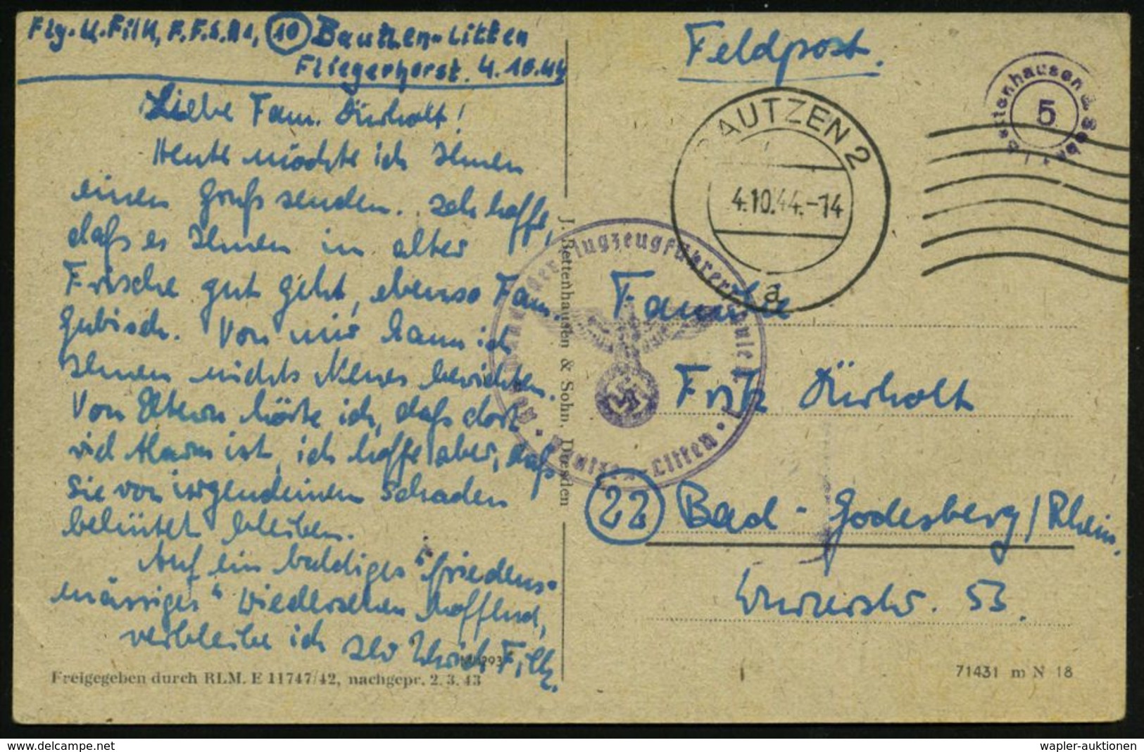 BAUTZEN 2/ A 1944 (4.10.) MaWellenSt. + Viol. 1K-HdN: Kommando Der Flugzeugführerschule/ Bautzen-Litten + Hs. Abs.: "..B - Aerei