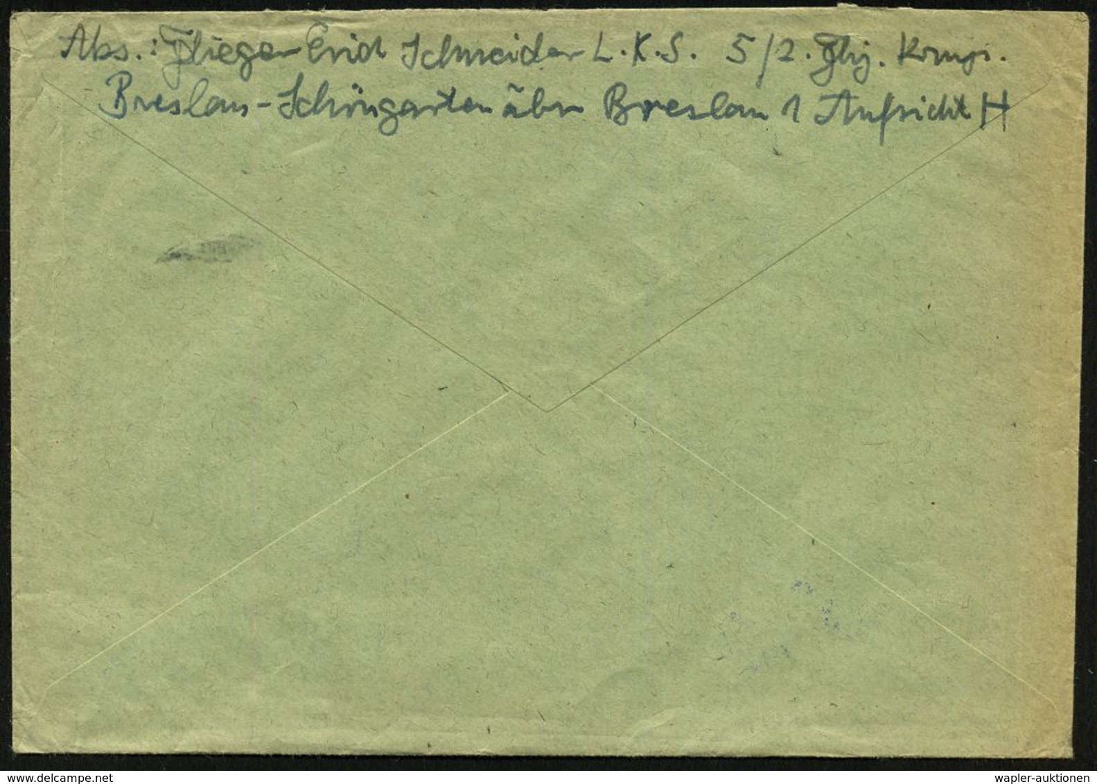 BRESLAU-LISSA/ A 1943 (27.4.) 2K-Steg + Viol. 1K-HdN: Luftkriegsschule 5/2. F(a)h(nen)j(unker) Kompanie + Rs. Hs. Abs. " - Aerei