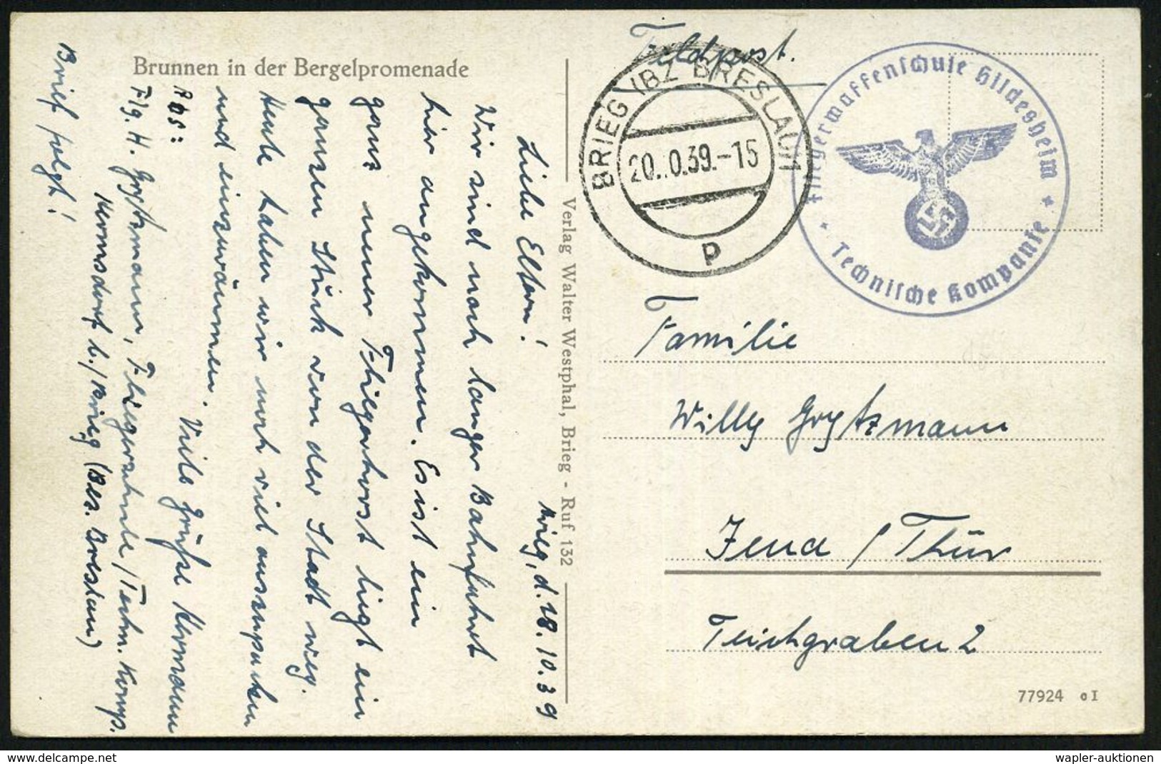 BRIEG (BZ BRESLAU)/ P 1939 (20.10.) 2K-Steg + Viol. 1K-HdN: Fliegerwaffenschule Hildesheim/ Techn. Kompanie + Hs. Abs.:  - Vliegtuigen