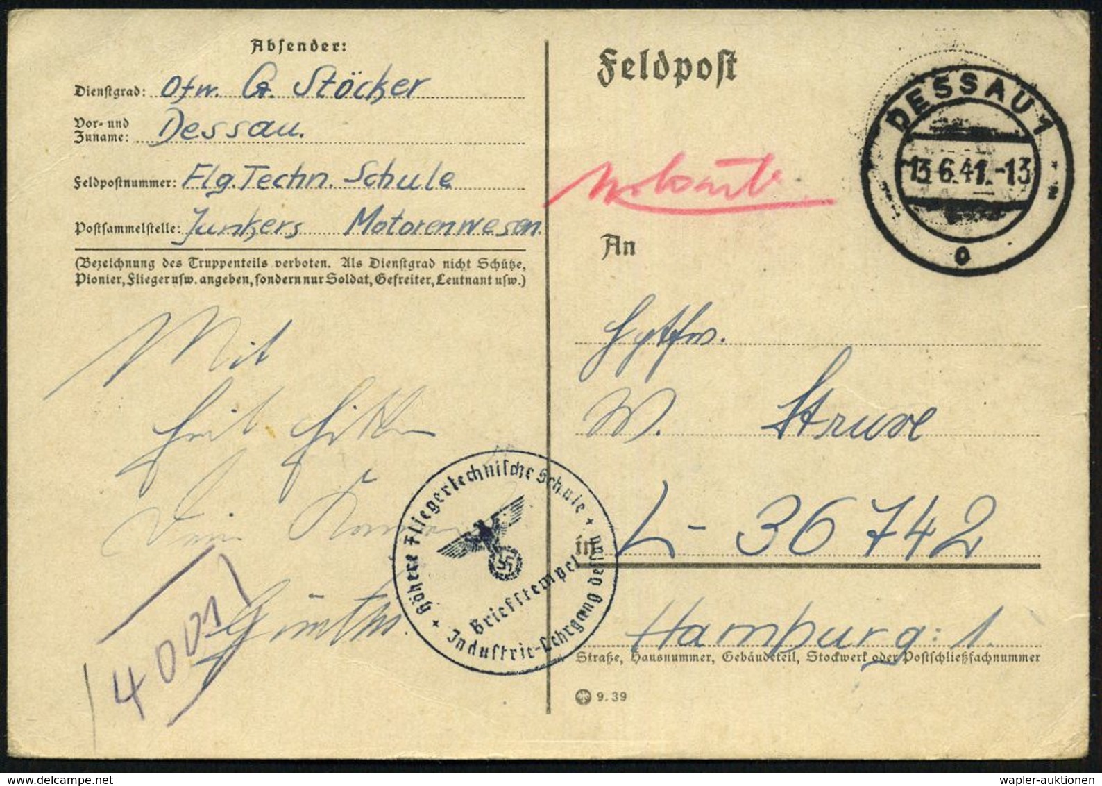 DESSAU 1/ O 1941 (13.6.) 2K-Steg + Blauer 1K-HdN: Höhere Fliegertechnische Schule/Jndustrie-Lehrgang Dessau + Hs. Abs.:  - Aerei