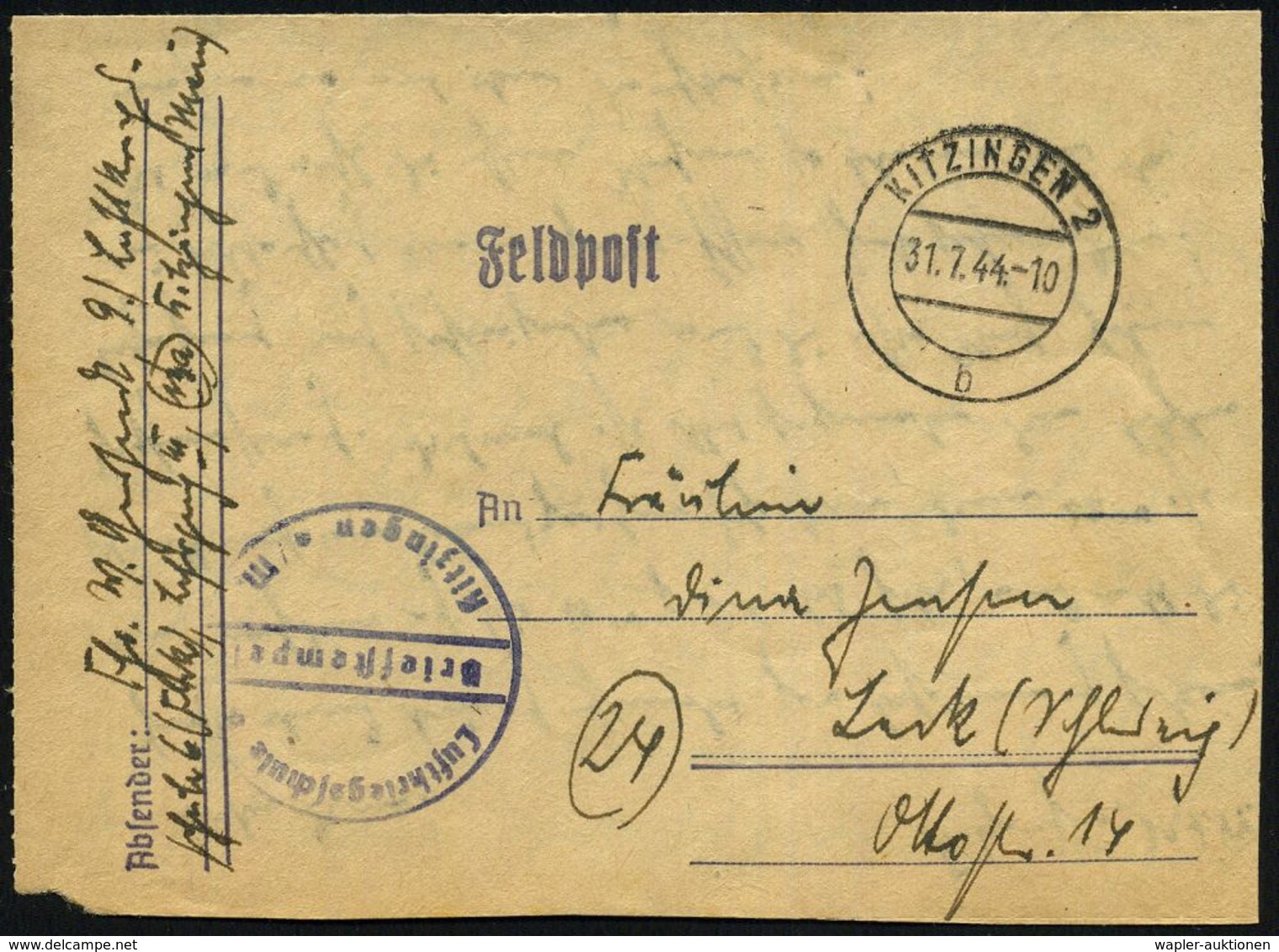 KITZINGEN 2/ B 1944 (Juli/Aug.) 2x 2K-Steg + Viol. Steg-HdN: Luftkriegsschule 6/ Kitzingen A. M. + Hs. Abs.: "9. (Kompan - Aerei