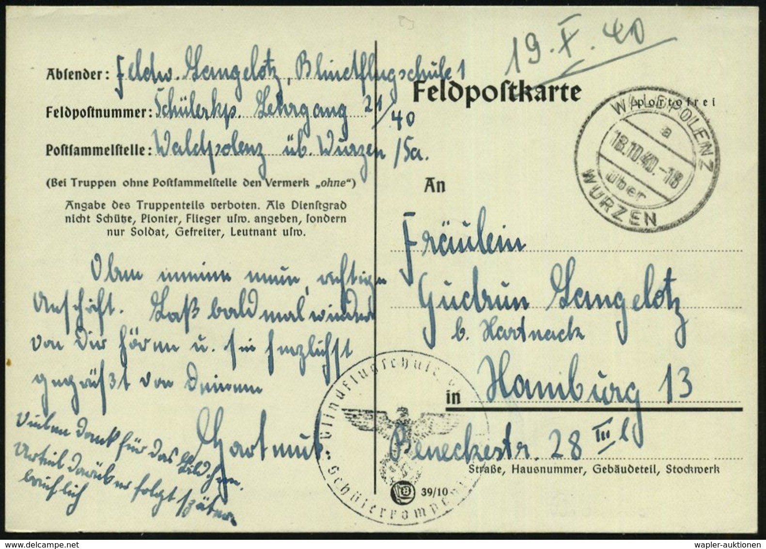 WALDPOLENZ/ A/ über/ WURZEN 1940 (18.10.) 2K-Steg = PSt. I + Viol. 1K-HdN.: Blindflugschule I/ Schülerkompanie + Hs. Abs - Vliegtuigen