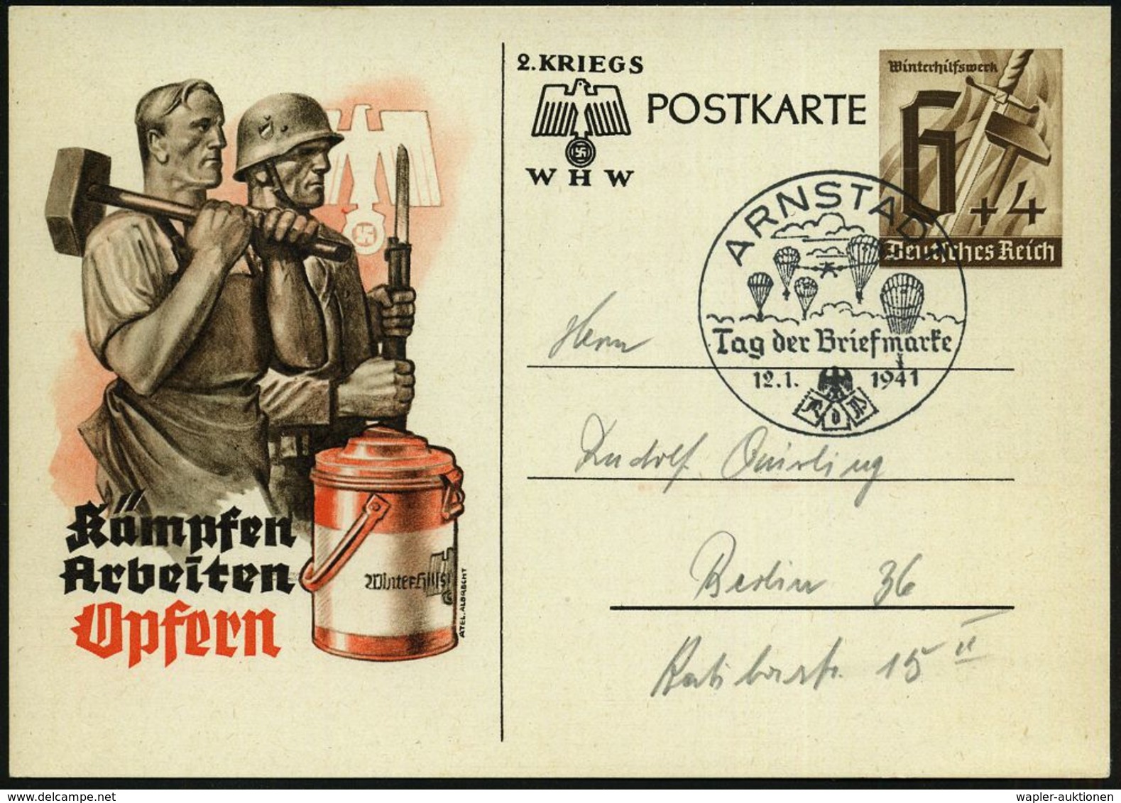 ARNSTADT/ Tag Der Briefmarke 1941 (12.1.) Serien-SSt = Fallschirmjäger Klar Auf Sonder-P 6 Pf. + 4 Pf. WHW (Mi.P 291) Kl - Parachutisme