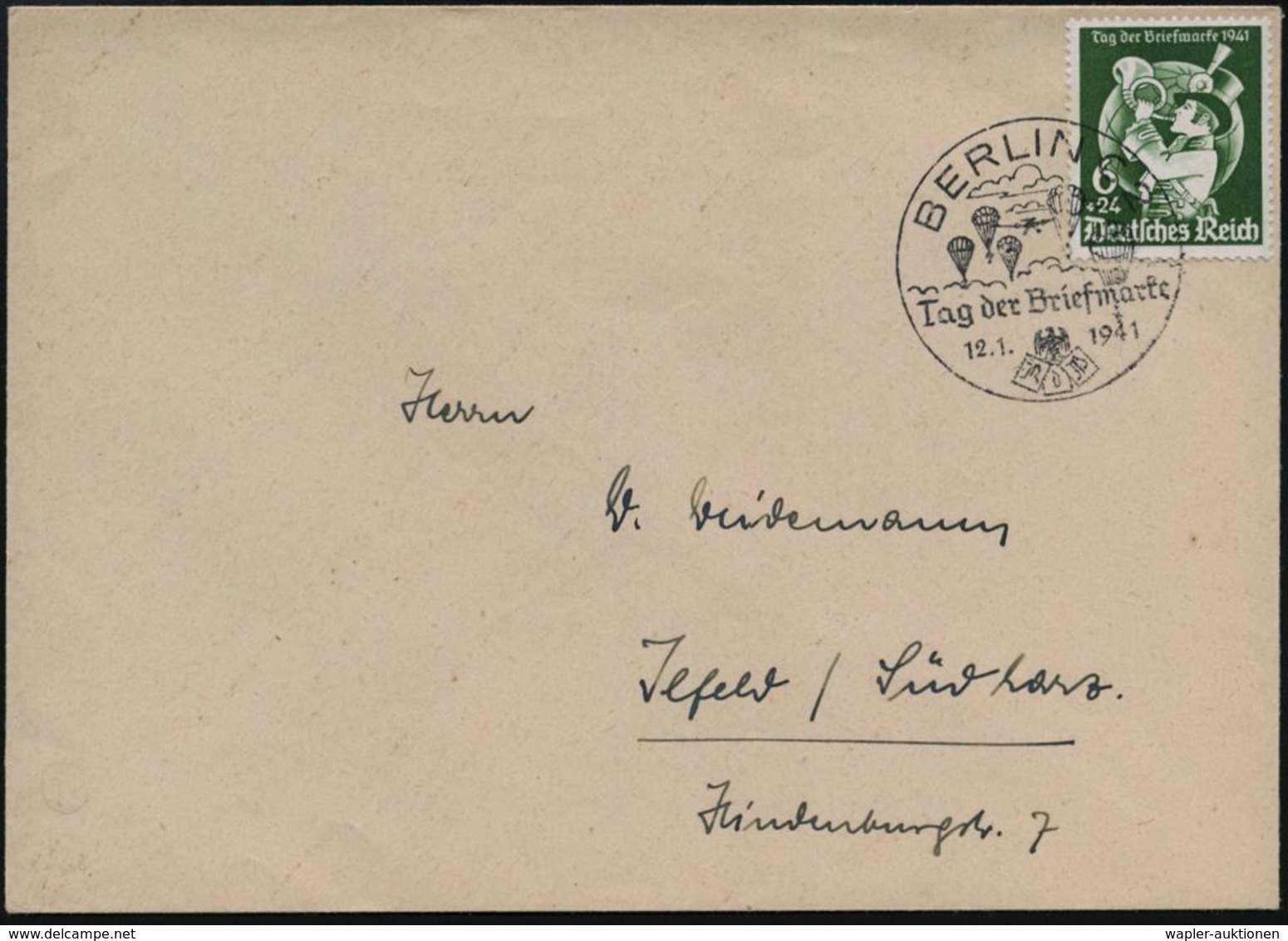 BERLIN C 2/ Tag Der Briefmarke 1941 (12.1.) Serien-SSt = Fallschirmjäger , Passende EF 6 + 24 Pf. Tag Der Briefmarke (Mi - Parachutespringen