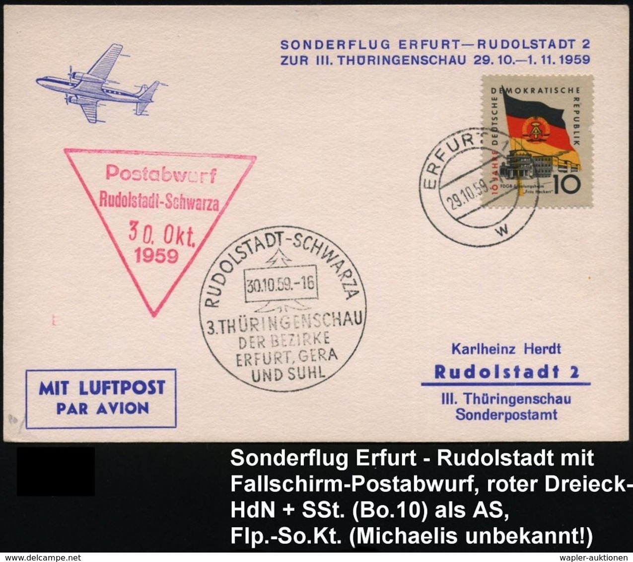 Erfurt /  Rudolstadt 1959 (29.10.) 2K-Steg: ERFURT 1/w + HWSt: RUDOLSTADT-SCHWARZA/3.THÜRINGENSCHAU + Amtl. HdN: (Fallsc - Parachutespringen