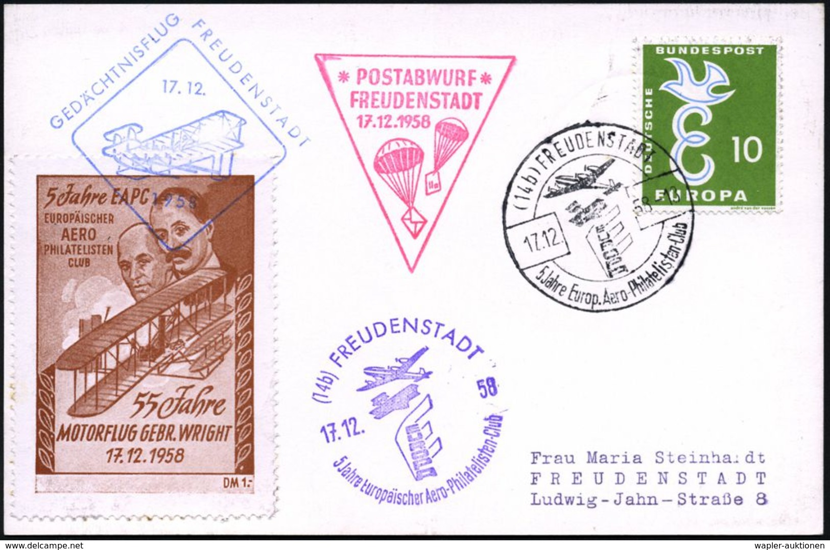 (14b) FREUDENSTADT/ 5 Jahre EAPhC 1958 (17.12.) SSt + HdN: POSTABWURF/FREUDENSTADT = 2 Fallschirme (mit Briefen) + Spend - Fallschirmspringen