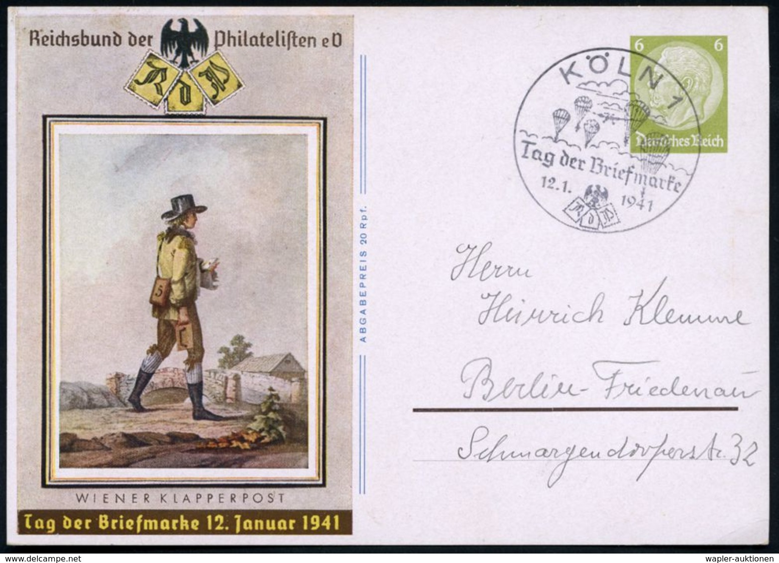 KÖLN 1/ Tag Der Briefmarke 1941 (12.1.) Serien-SSt = Fallschirmjäger Klar Auf Sonder-P 6 Pf. Hindenbg., Oliv: Tag Der Br - Parachutisme