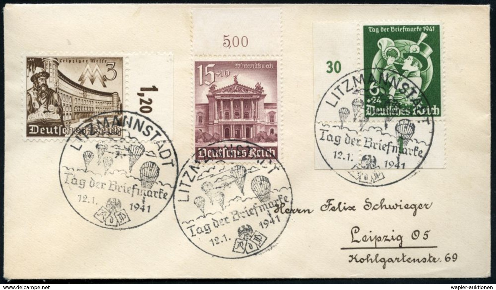 LITZMANNSTADT/ Tag D.Briefmarke 1941 (12.1.) Serien-SSt = Fallschirmjäger 3x Klar Auf Kleinem Fern-Bf. (1x 6 + 24 Pf. Ta - Parachutespringen