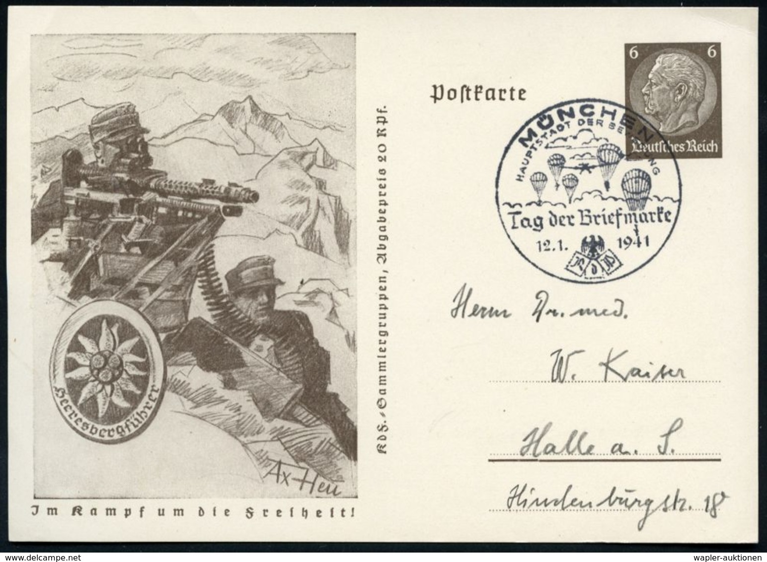 MÜNCHEN/ HDB/ Tag Der Briefmarke 1941 (12.1.) Serien-SSt = Fallschirmjäger Auf Passender Sonder-P. 6 Pf. Hindenbg., Brau - Fallschirmspringen