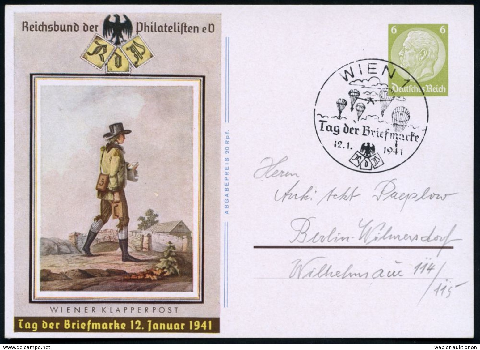 WIEN 1/ Tag D.Briefmarke 1941 (12.1.) Serien-SSt = Fallschirmjäger Auf Passender Sonder-P. 6 Pf. Hindenbg. Olivgrün: Tag - Fallschirmspringen