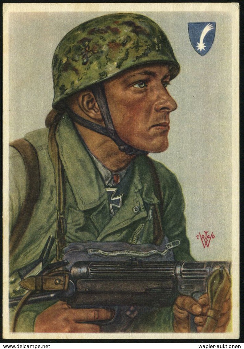DEUTSCHES REICH 1940 Color-Propaganda-Künstler-Ak.: Fallschirmjäger Feldwebel Arpke, Sign. W. W(illrich) = 20 Pf. Spende - Parachutespringen