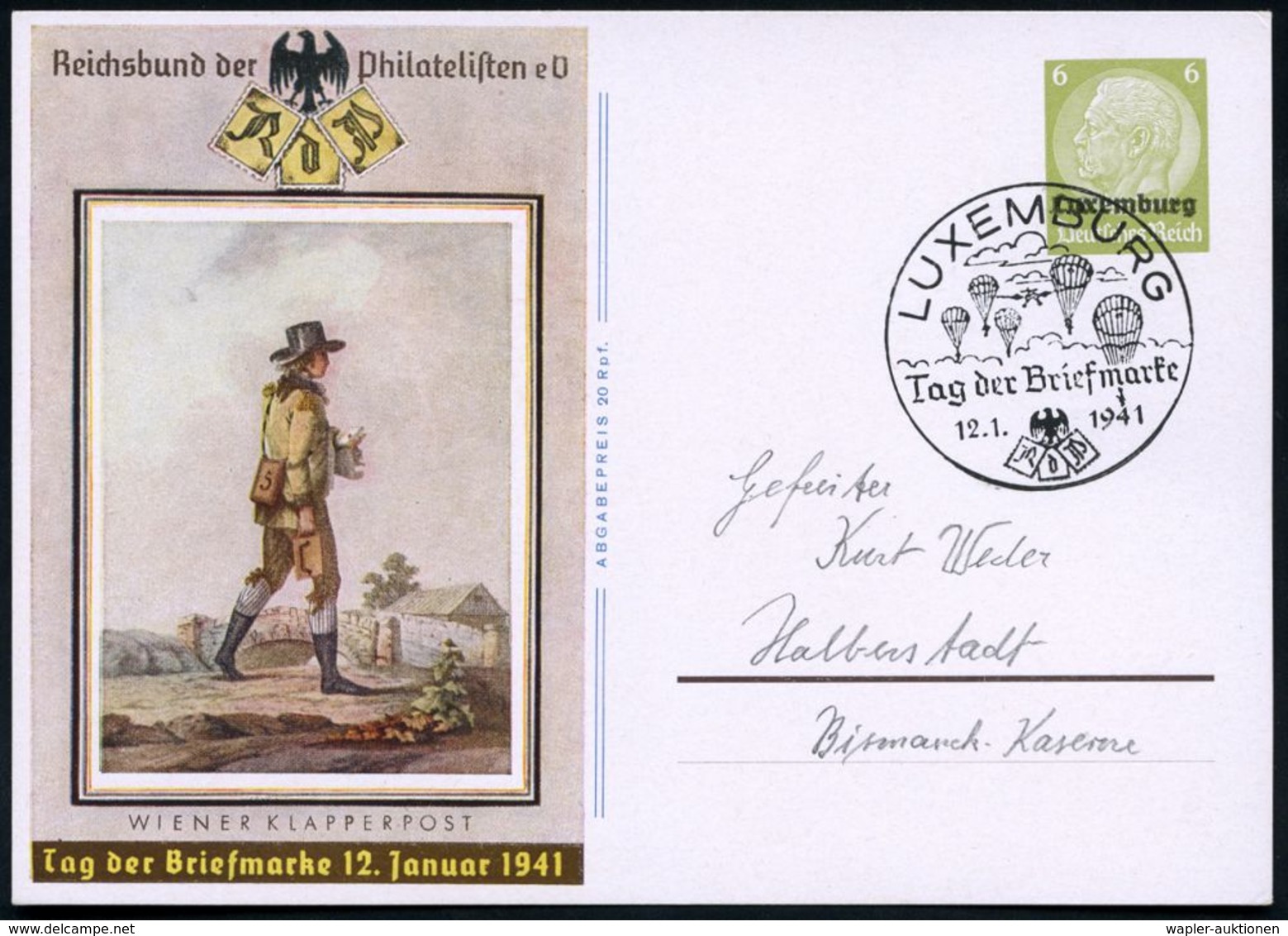 DT.BES.LUXEMBURG 1941 (12.1.) SSt: LUXEMBURG/Tag Der Briefmarke = Fallschirmjäger Klar Auf Sonder-P 6 Pf. "Tag Der Brief - Fallschirmspringen